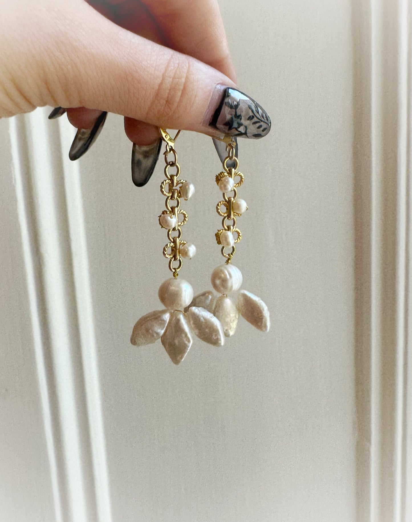 Statement Drop Pearl Earrings, Vintage Style Flower Drop Earrings with White Freshwater Pearls, Gold Vermeil Pearl Occasion Jewelry