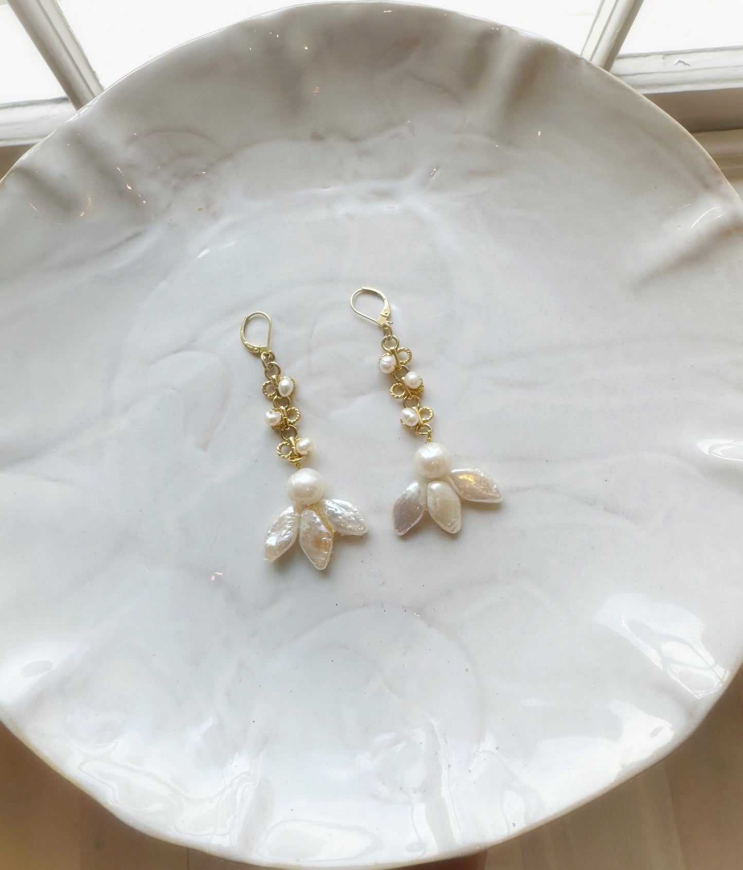 Art Nouveau Gold Pearl Dangle Earrings, Dainty Floral White Freshwater Pearl Earrings, Gold Vermeil Earrings, Bridal / Bridesmaid Jewelry