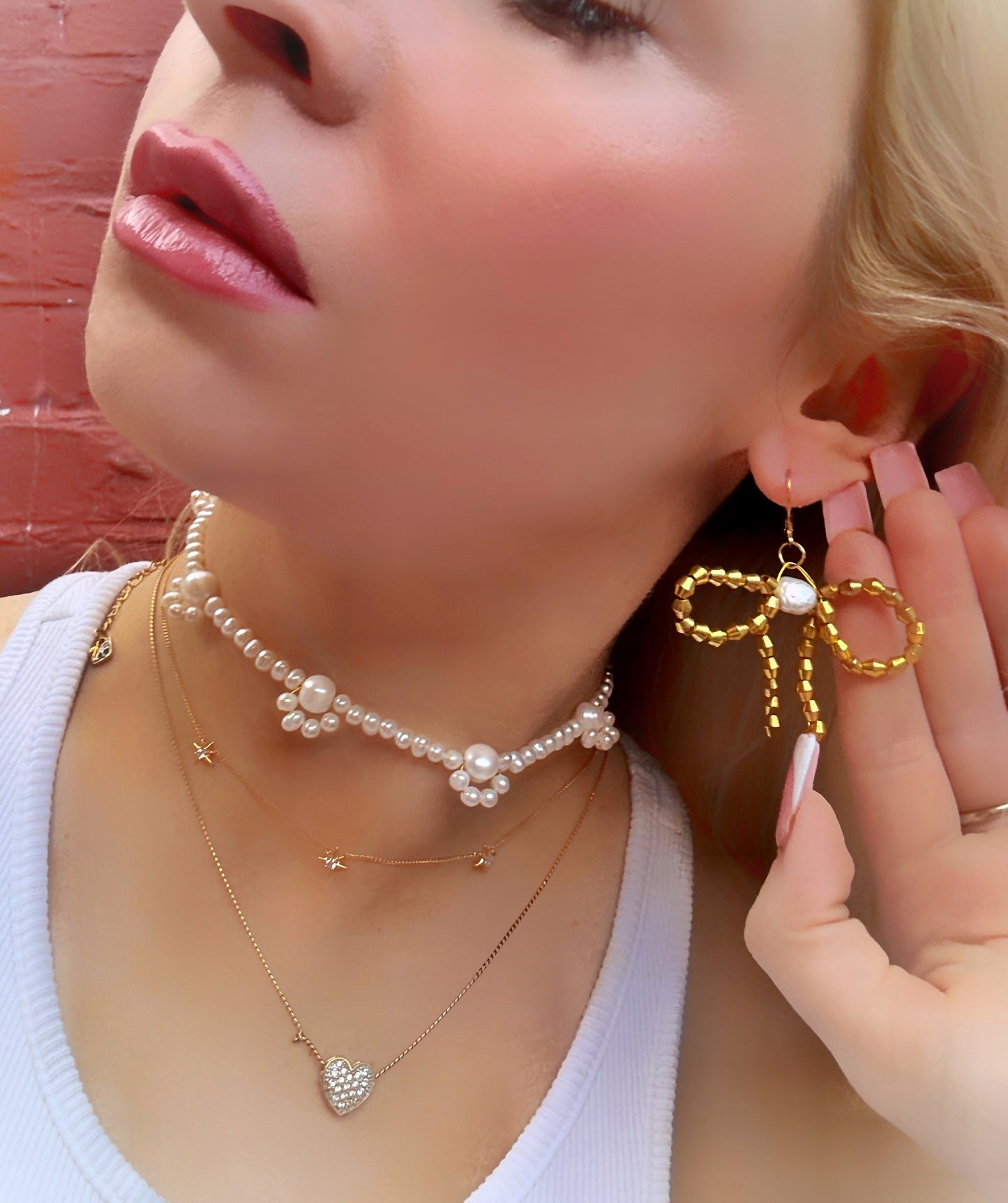 Statement bow earrings, dangle bow earrings with gold metal beads and white freshwater pearls, cute girl jewelry