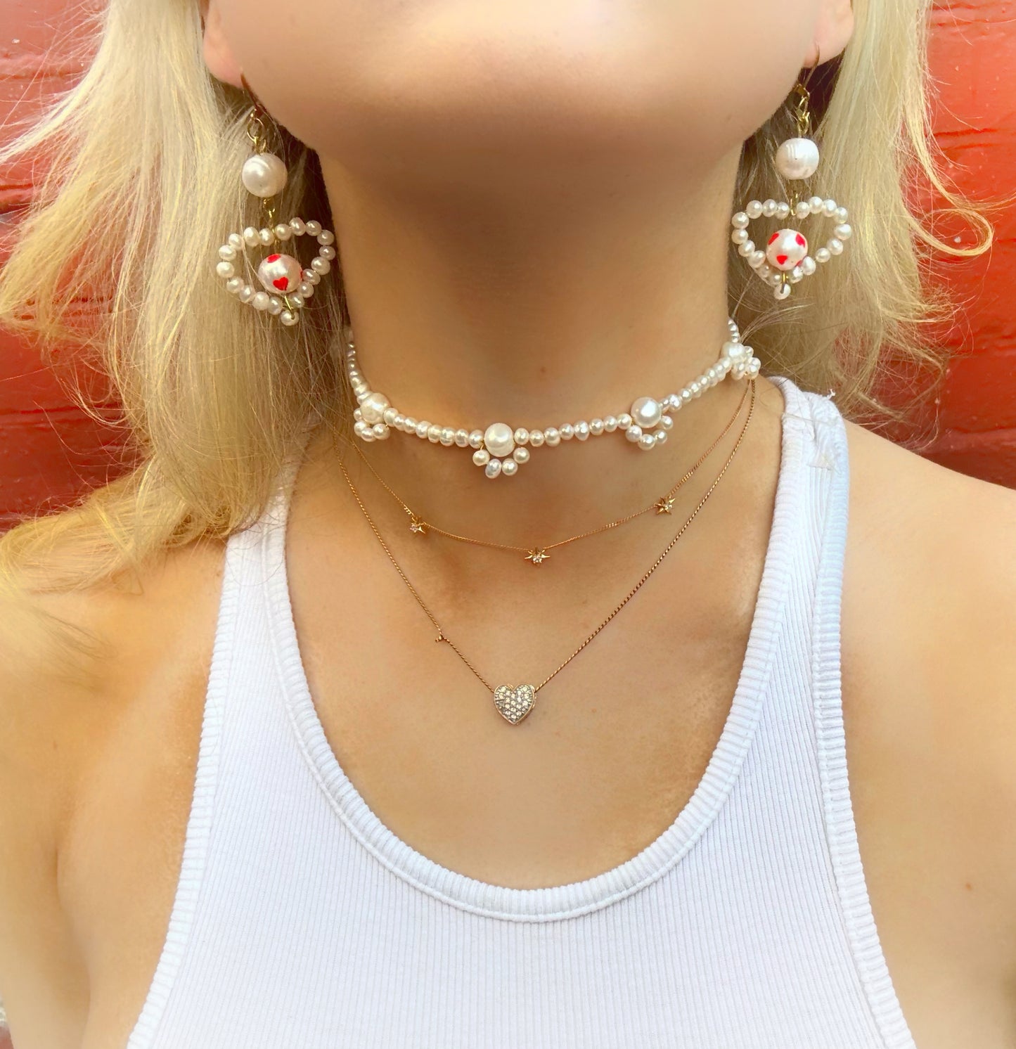 Pearl Drop Earrings Gold Plated Earrings Hand Painted Red Heart Earrings Large Pearl Jewelry Statement Earrings Unique Pearl Jewelry