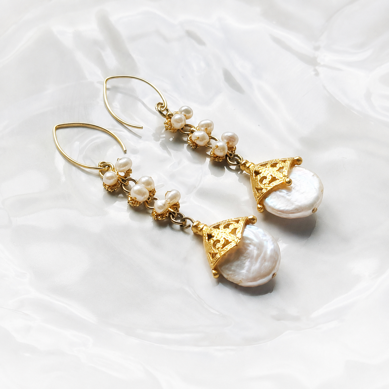 Freshwater Pearl Drop Earrings - Gold Vintage Style Bridal Dangle Earrings
