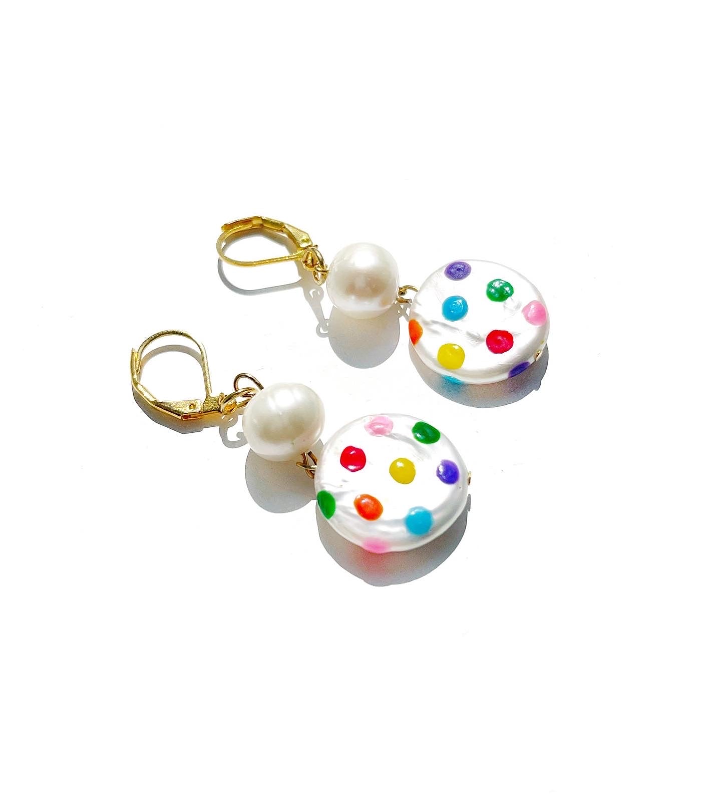Polka Dot Painted Freshwater Pearl Earrings