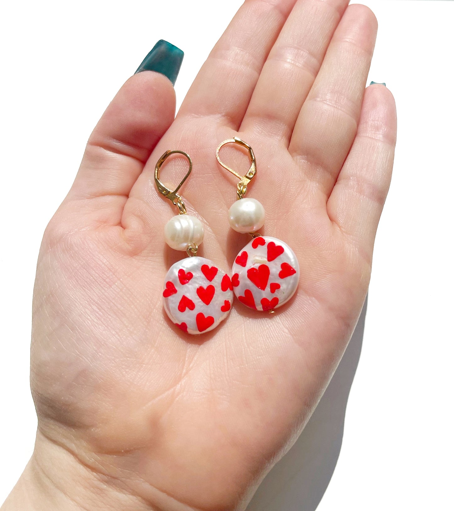 Quirky Heart Dangle & Drop Earrings, Handpainted Colourful Fun Earrings, Natural Freshwater Pearl Dangle Earrings, Spring Clothing Accessory