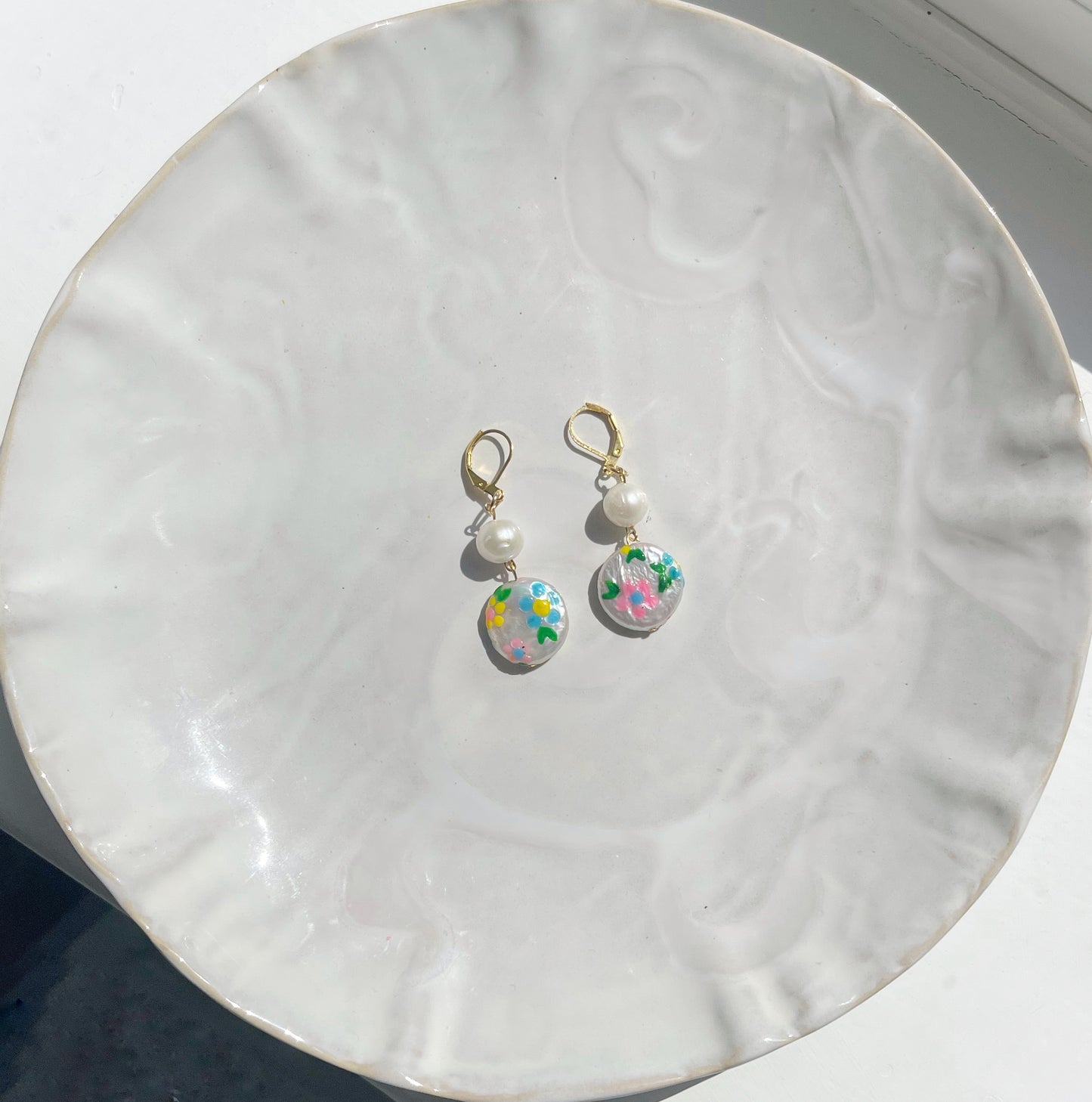 Colourful Daisy Painted Freshwater Pearl Earrings