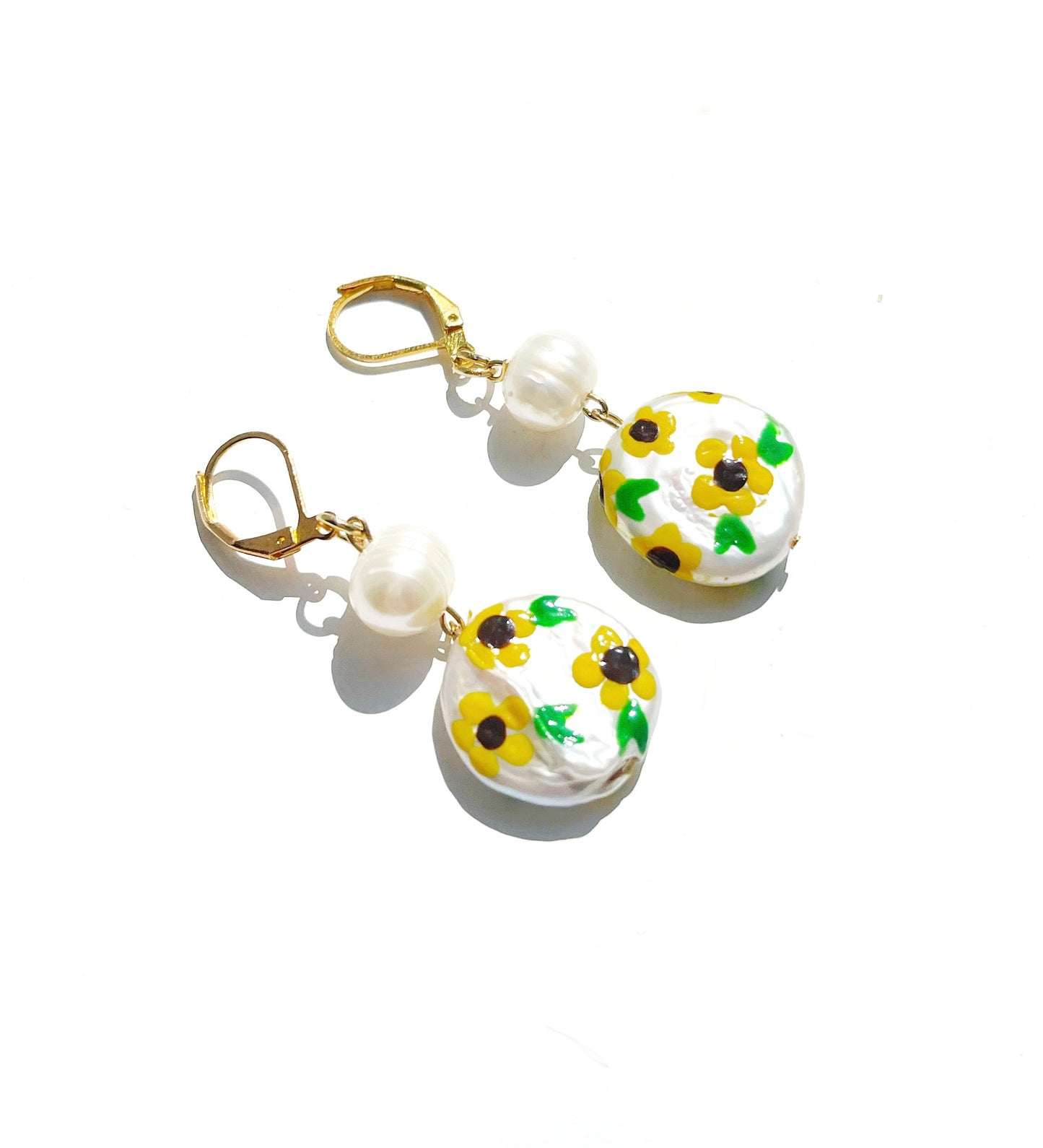 Sunflower Painted Freshwater Pearl Earrings