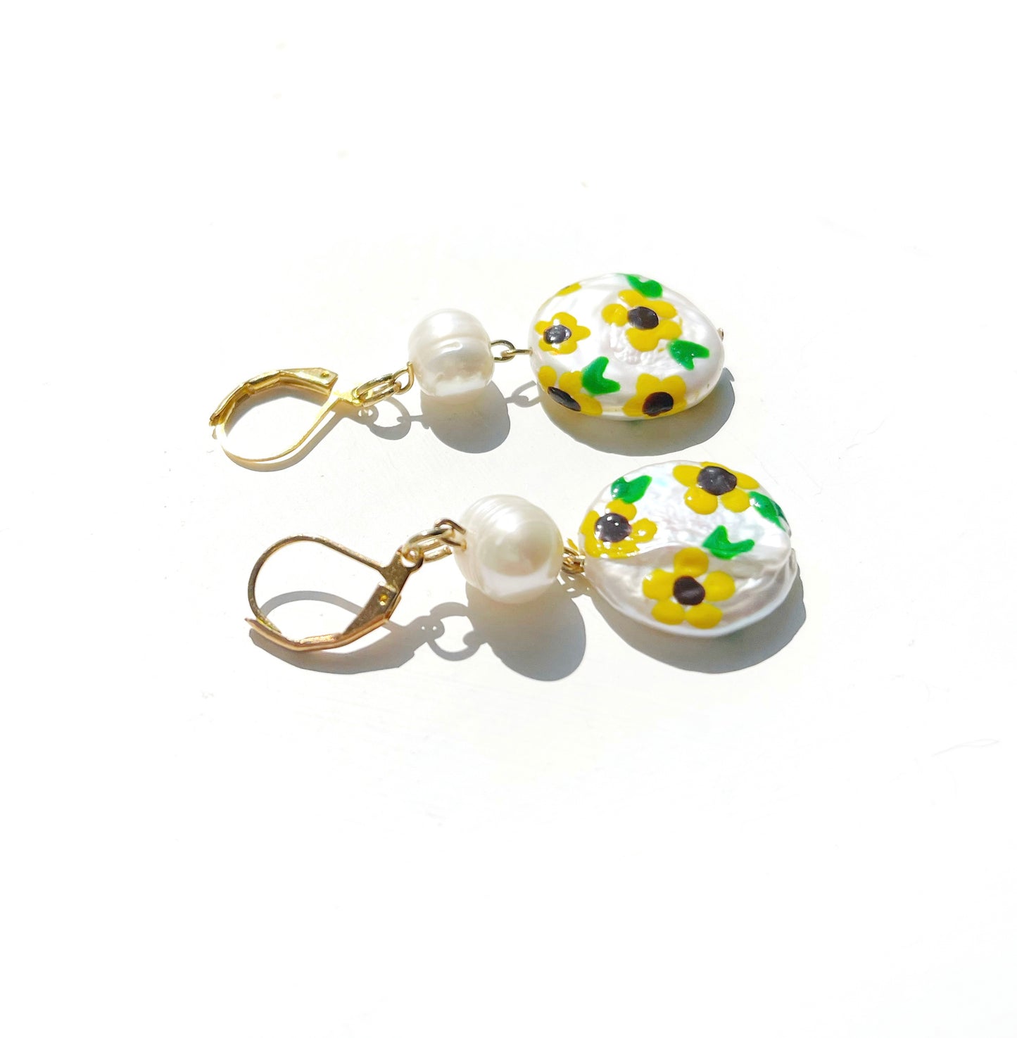 Sunflower Painted Freshwater Pearl Earrings