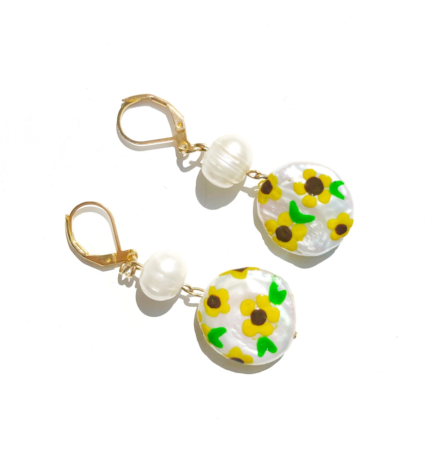 Sunflower Painted Freshwater Pearl Earrings