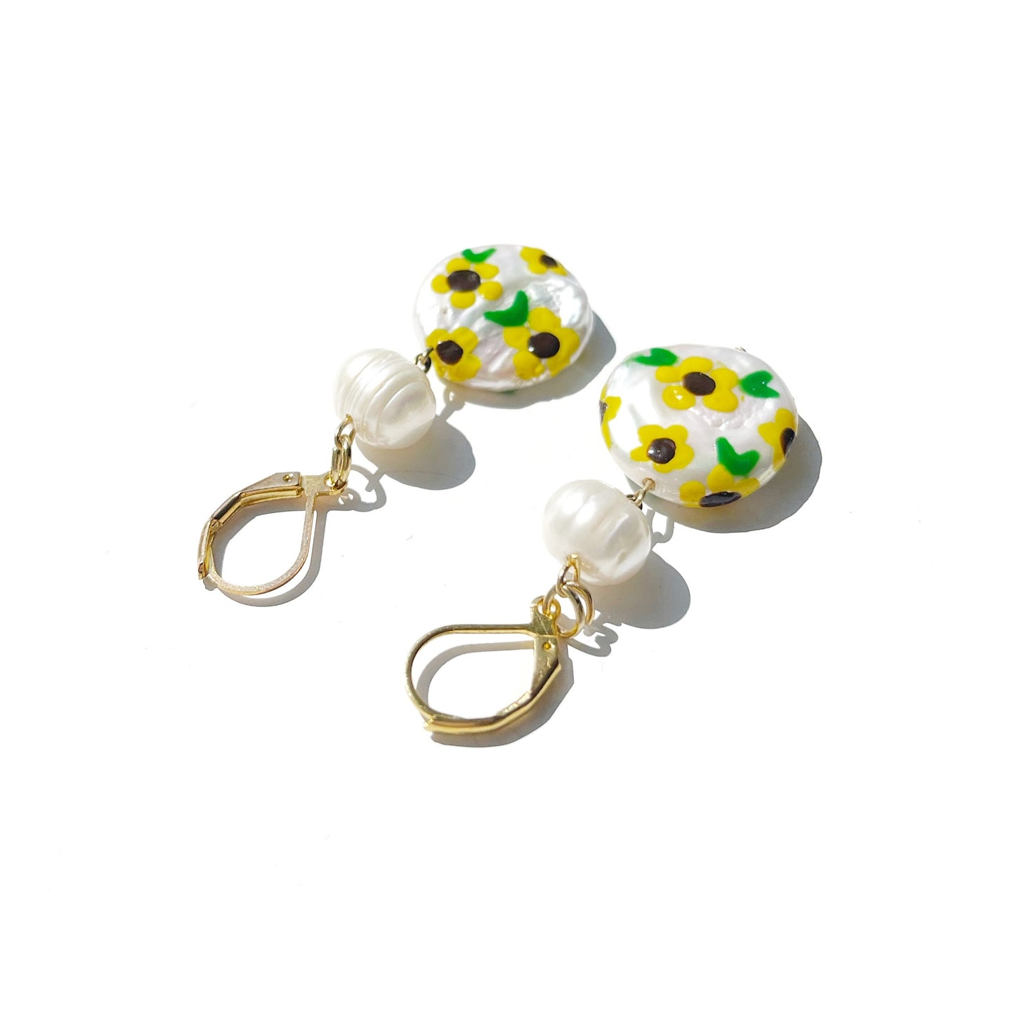 Sunflower Painted Freshwater Pearl Earrings