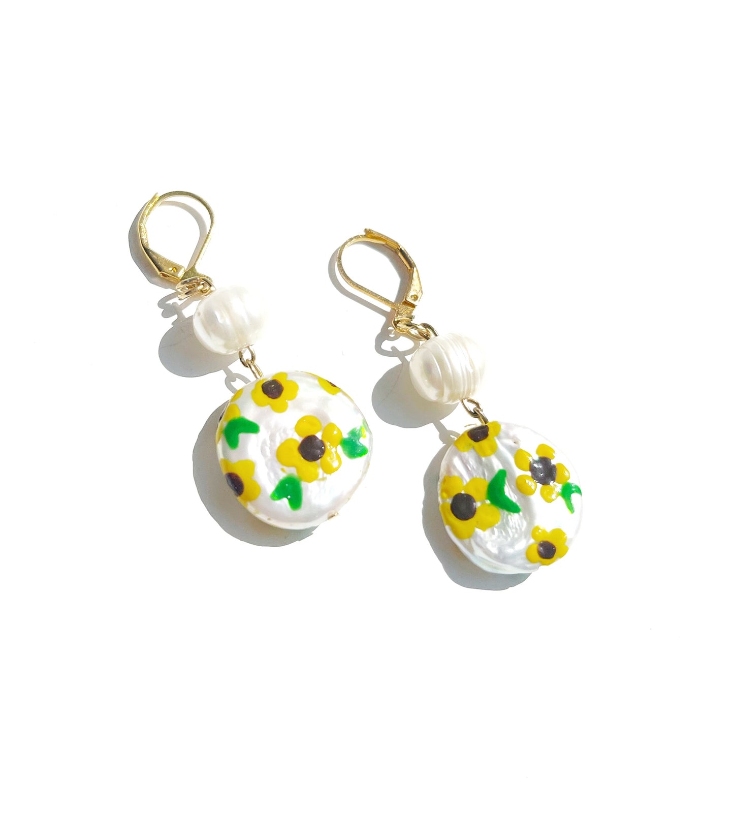 Sunflower Painted Freshwater Pearl Earrings