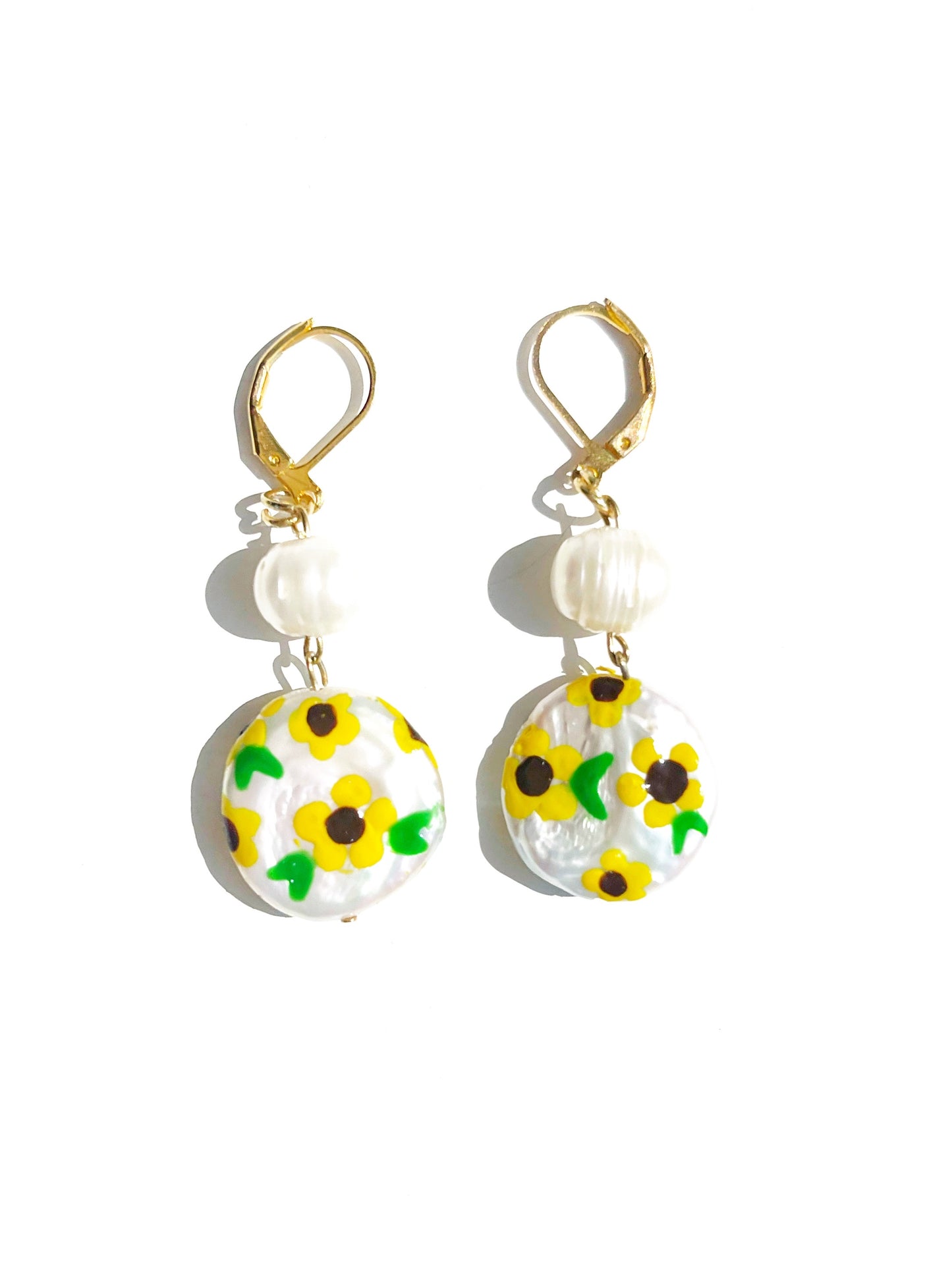Sunflower Painted Freshwater Pearl Earrings