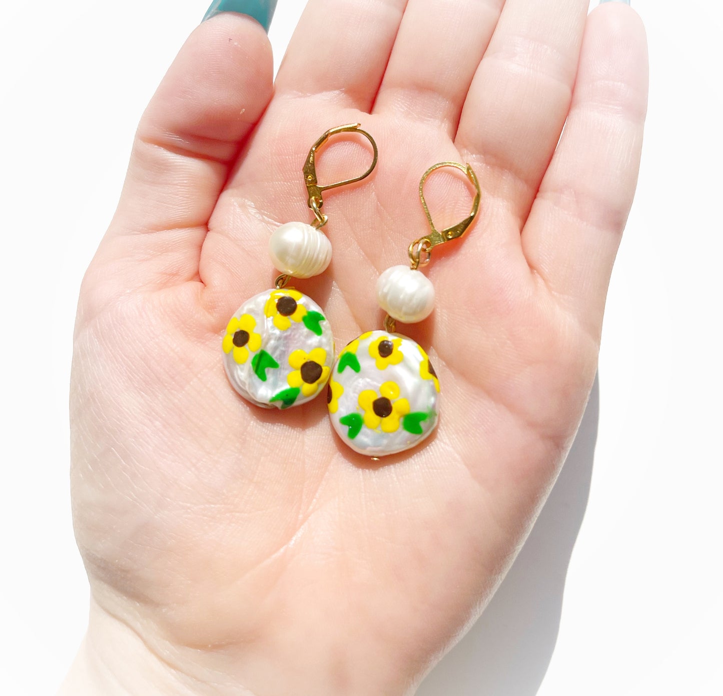 Sunflower Painted Freshwater Pearl Earrings