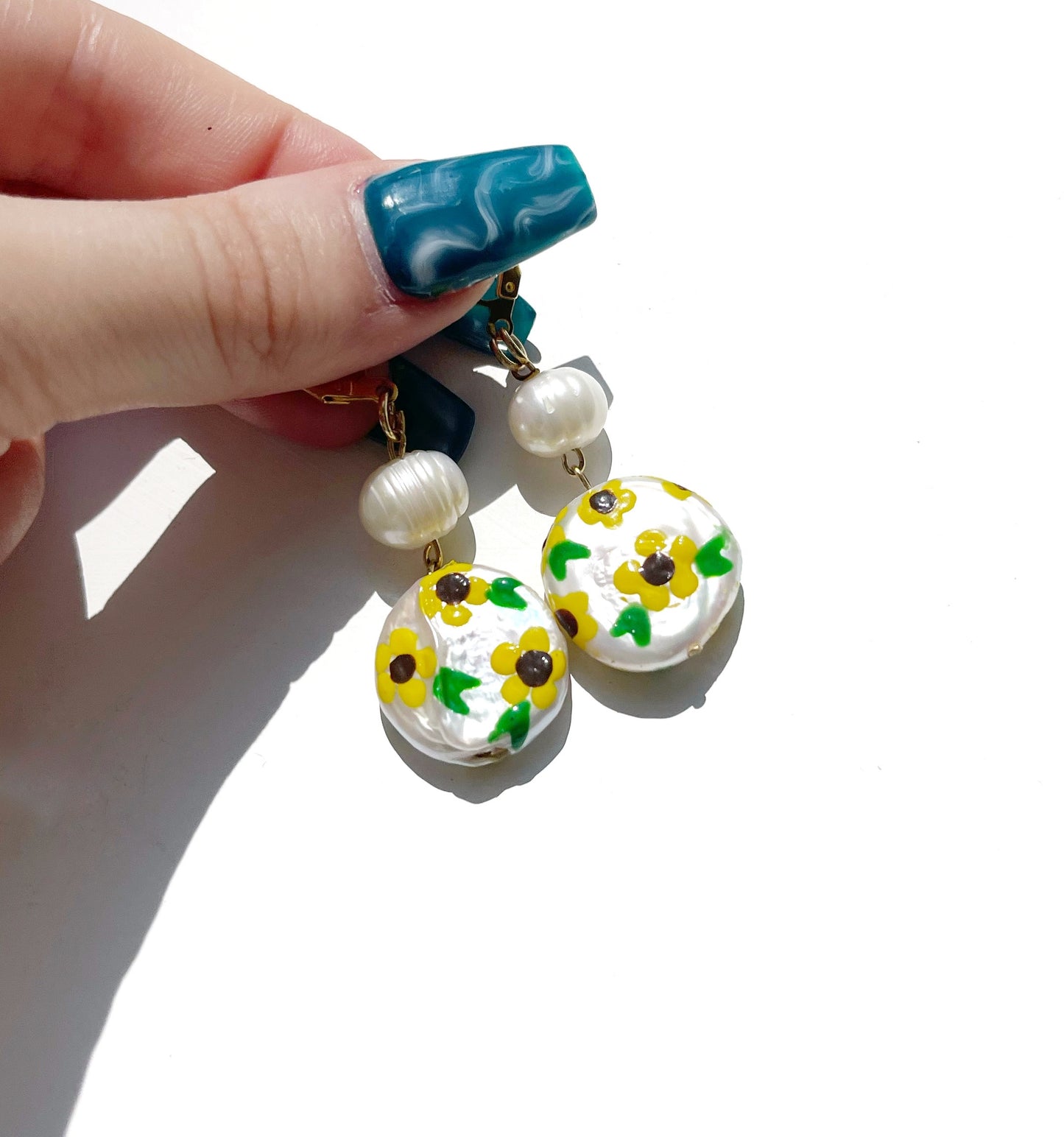 Sunflower Painted Freshwater Pearl Earrings