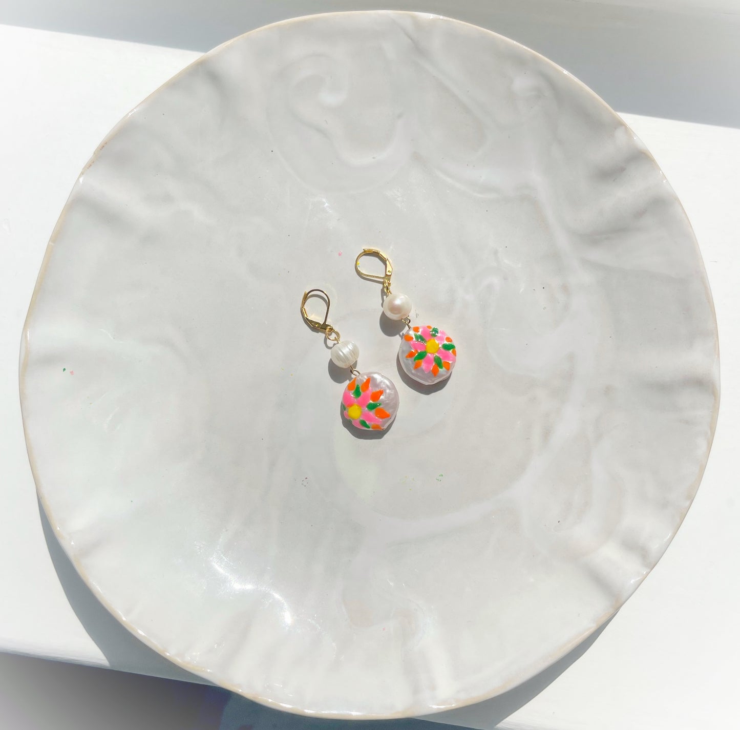 Tropical Flower Painted Freshwater Pearl Earrings