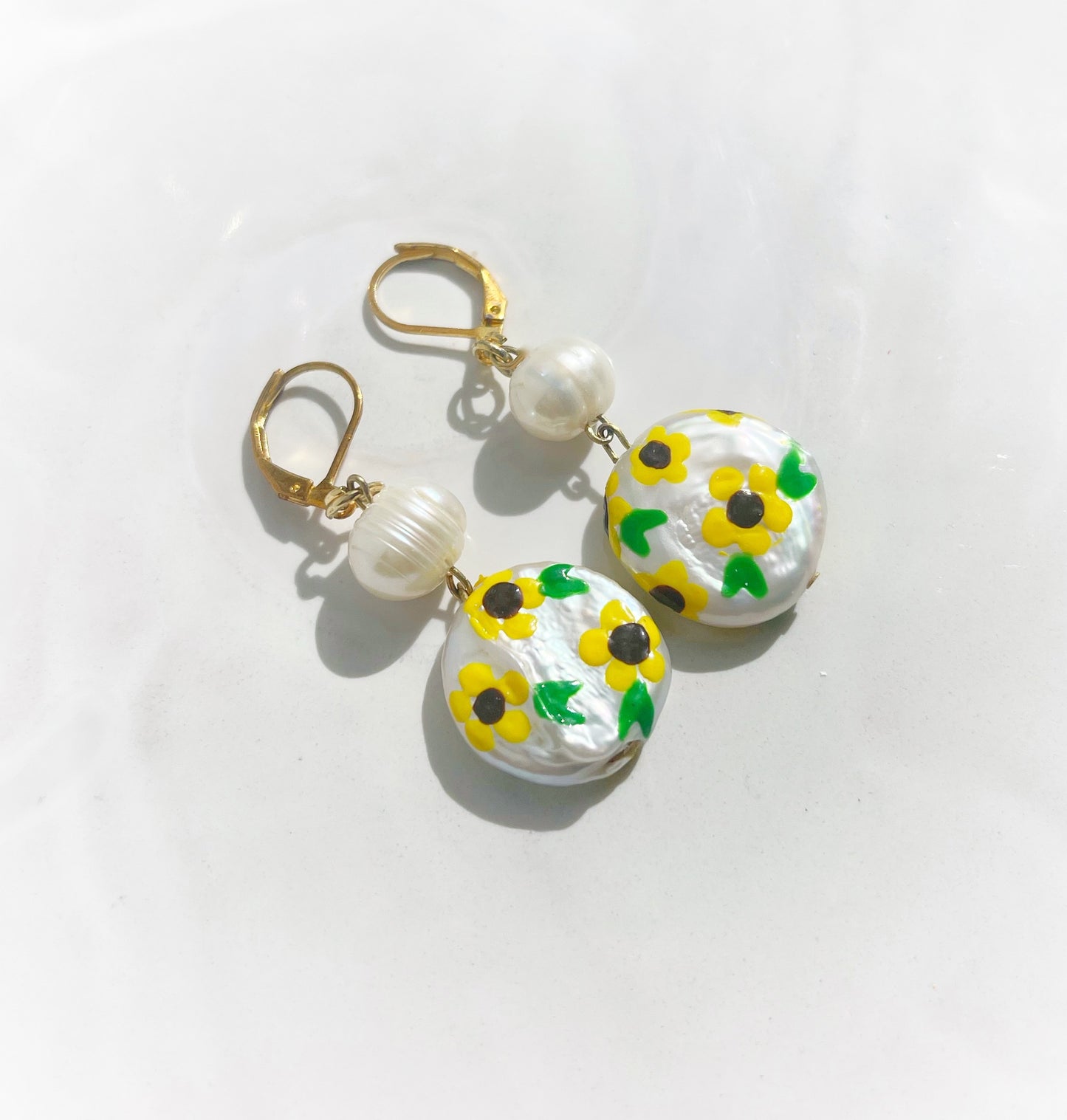 Sunflower Painted Freshwater Pearl Earrings