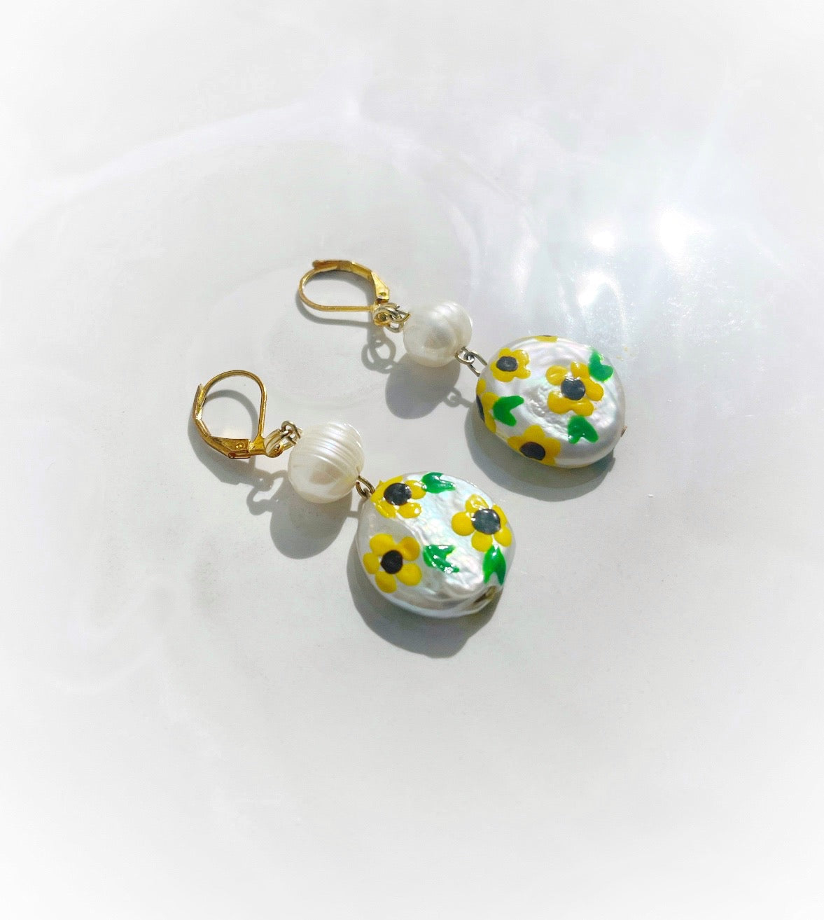 Sunflower Painted Freshwater Pearl Earrings