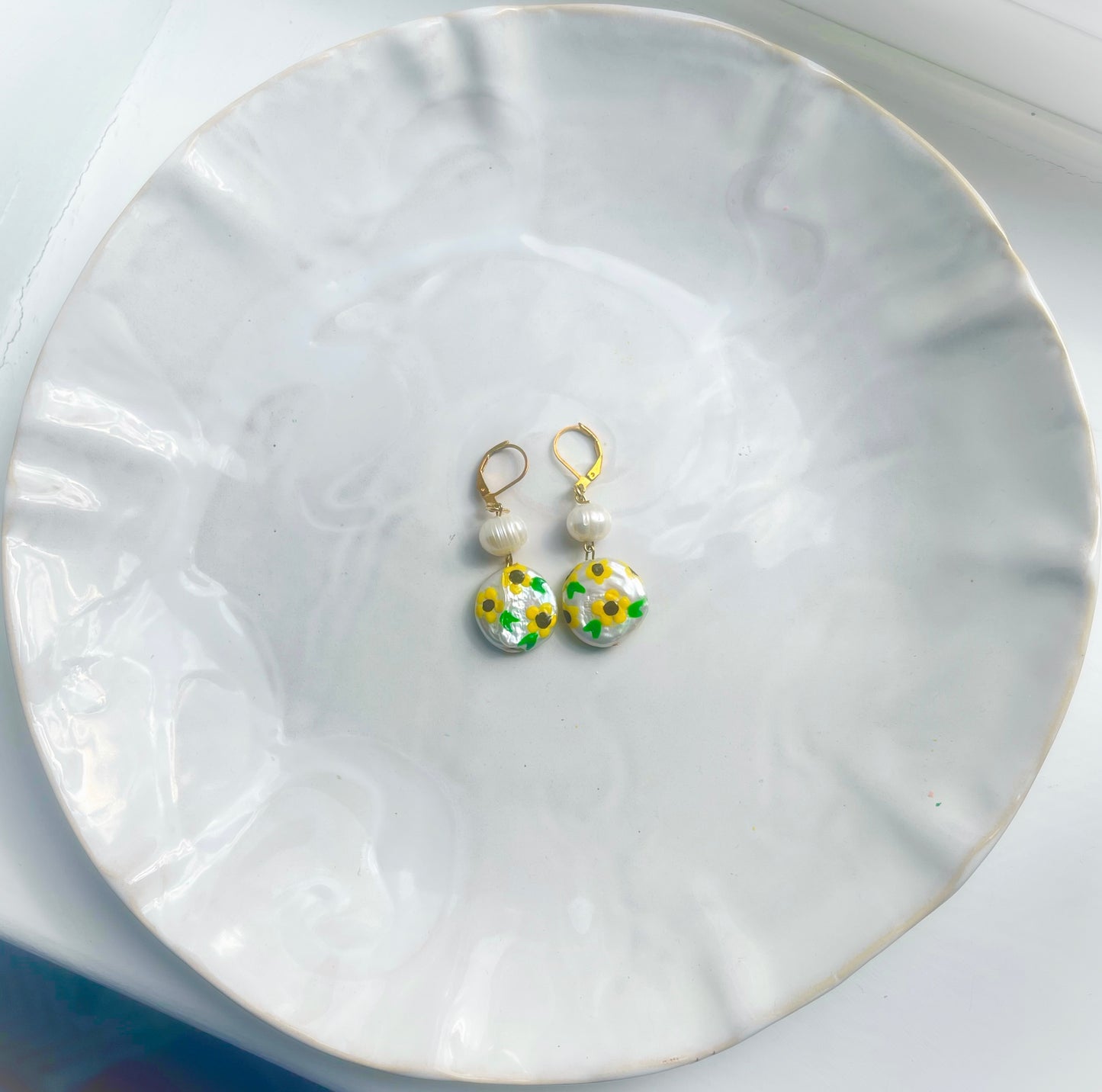 Sunflower Painted Freshwater Pearl Earrings