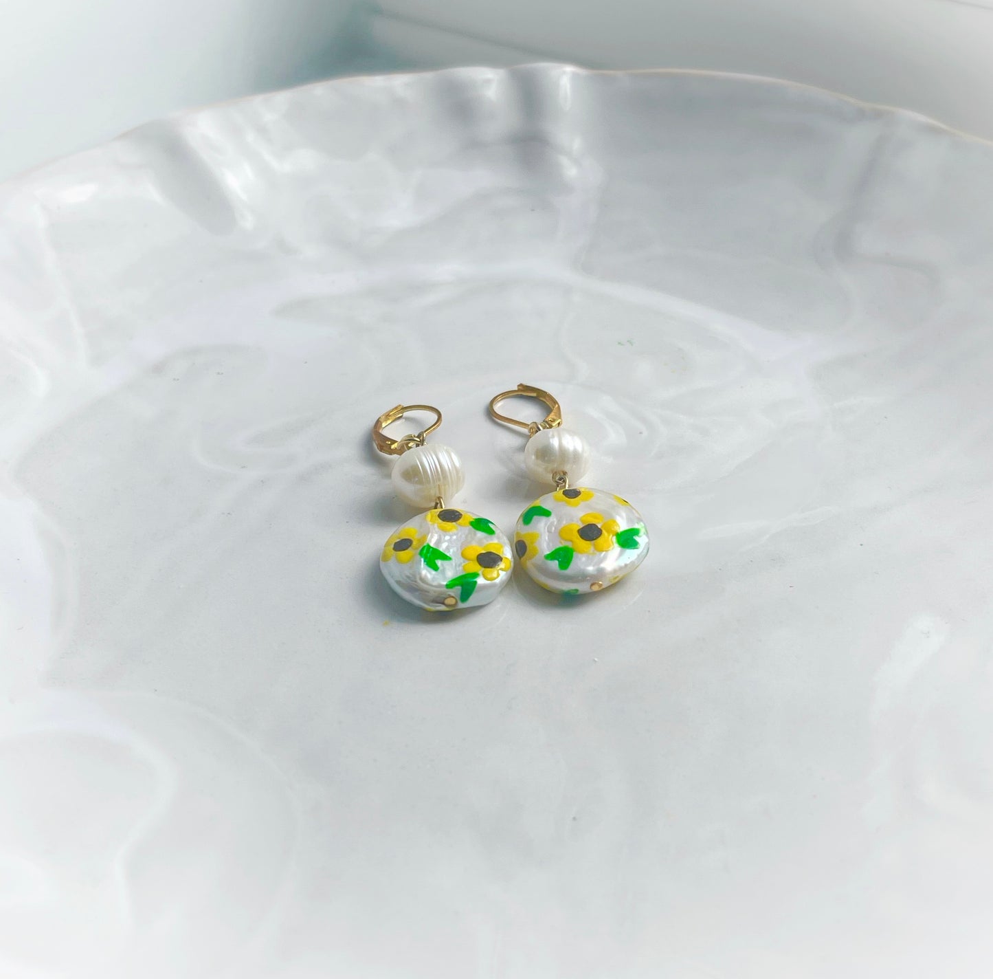 Sunflower Painted Freshwater Pearl Earrings