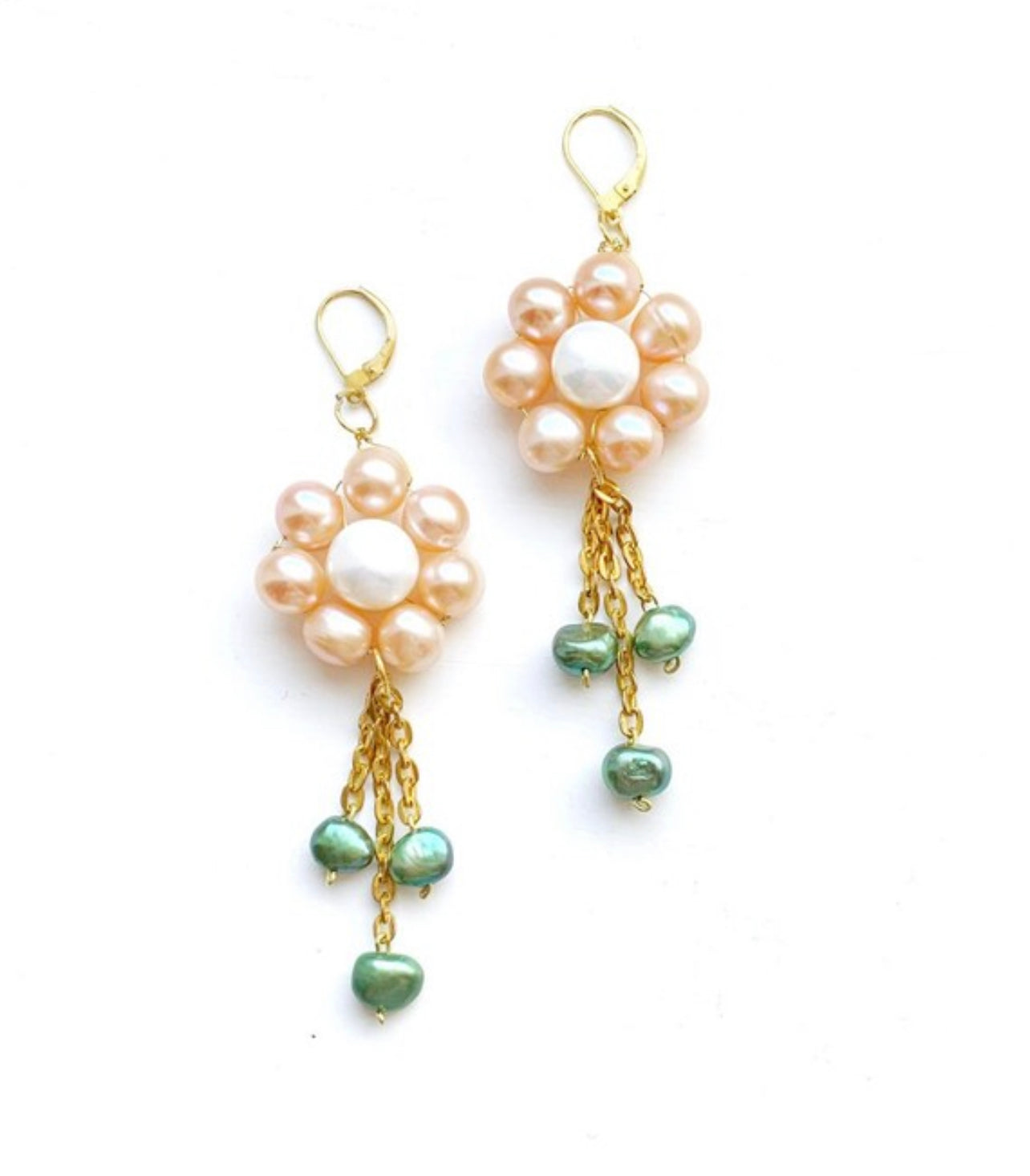 Statement pearl dangle earrings, large flower earrings, summer jewelry, coloured pearl earrings, summer earrings