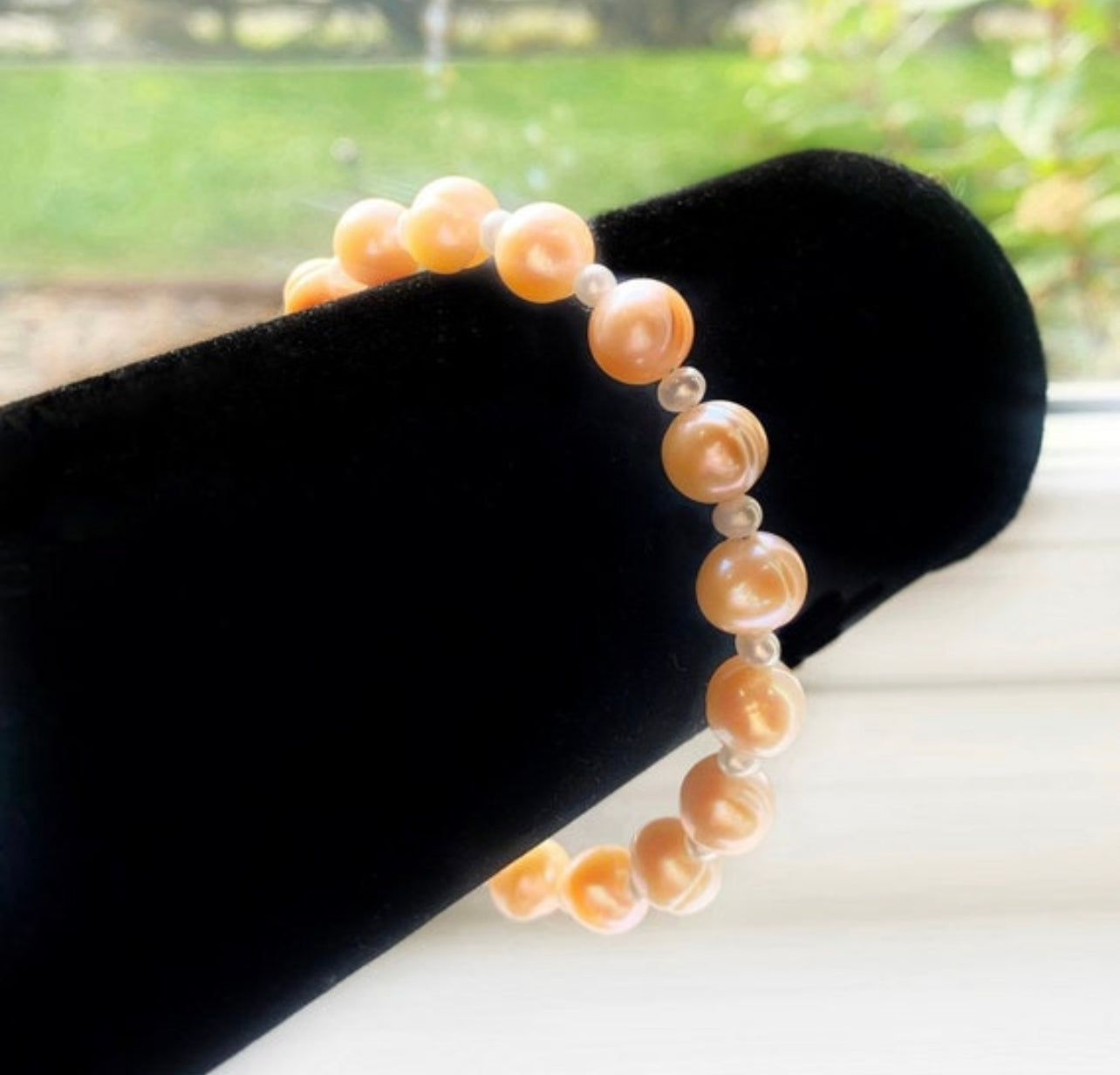 Letter charm bracelet, freshwater peach pearl bracelet with gold vermeil clasp and initial letter charm, personalized jewelry gifts