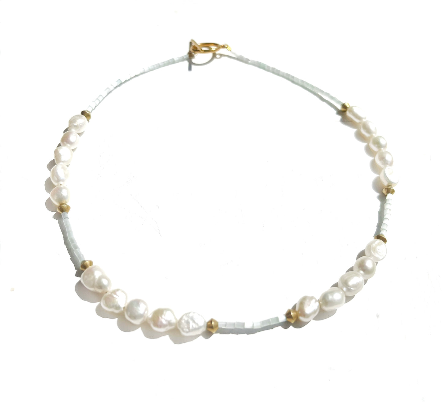 Dainty Blue Seed Bead Choker Necklace with Freshwater Pearl | The RAINA Necklace