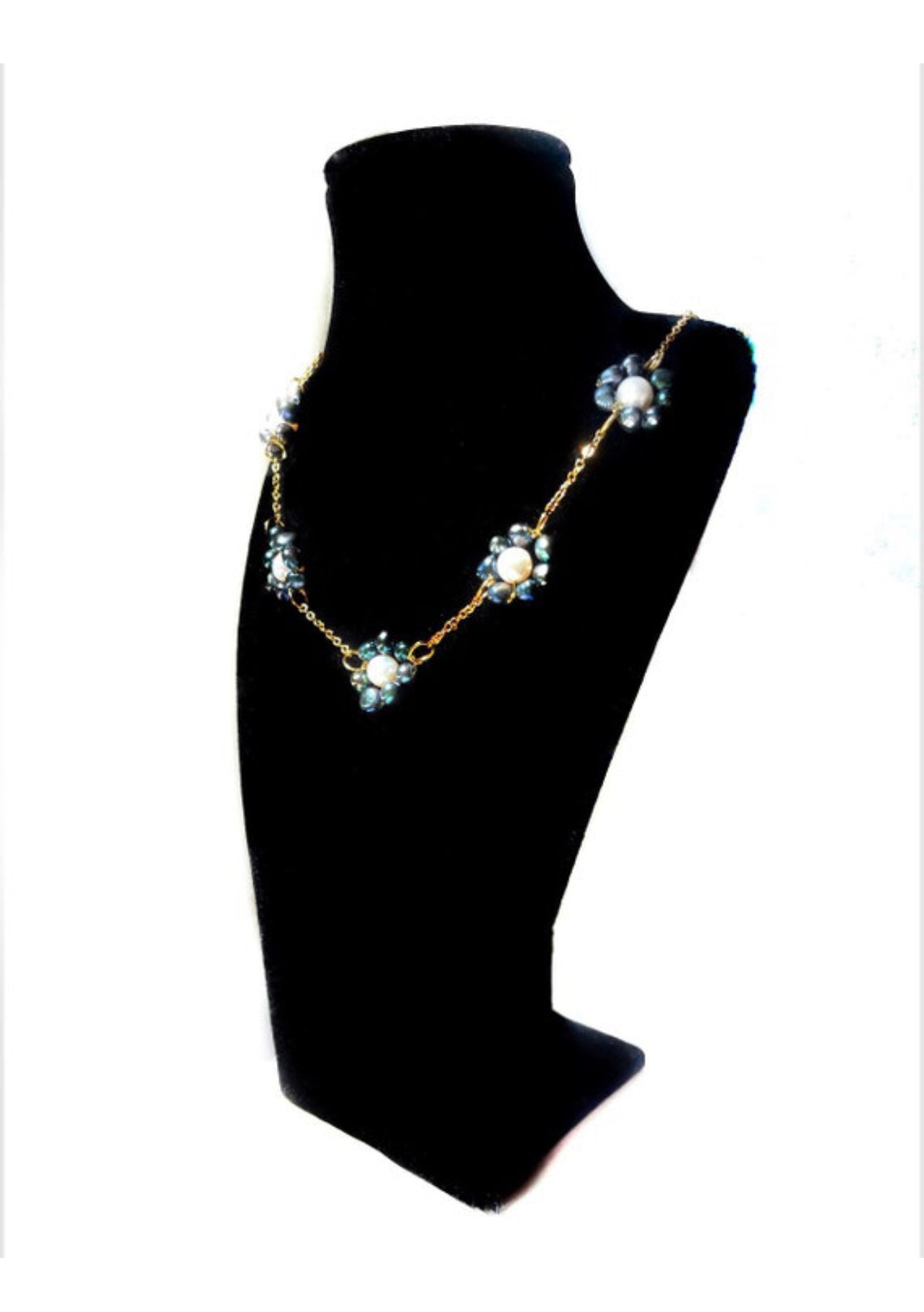 Dainty pearl choker necklace with dainty gold chain and blue and white freshwater pearl beads, summer chain necklace