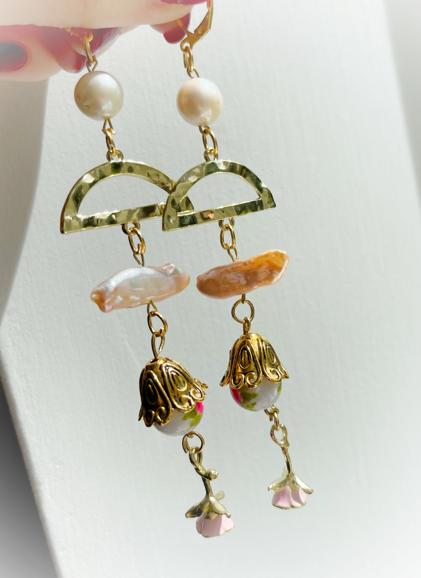 Pearl drop earrings with rose flower charm, white freshwater pearl dangle earrings, statement earrings, summer earrings