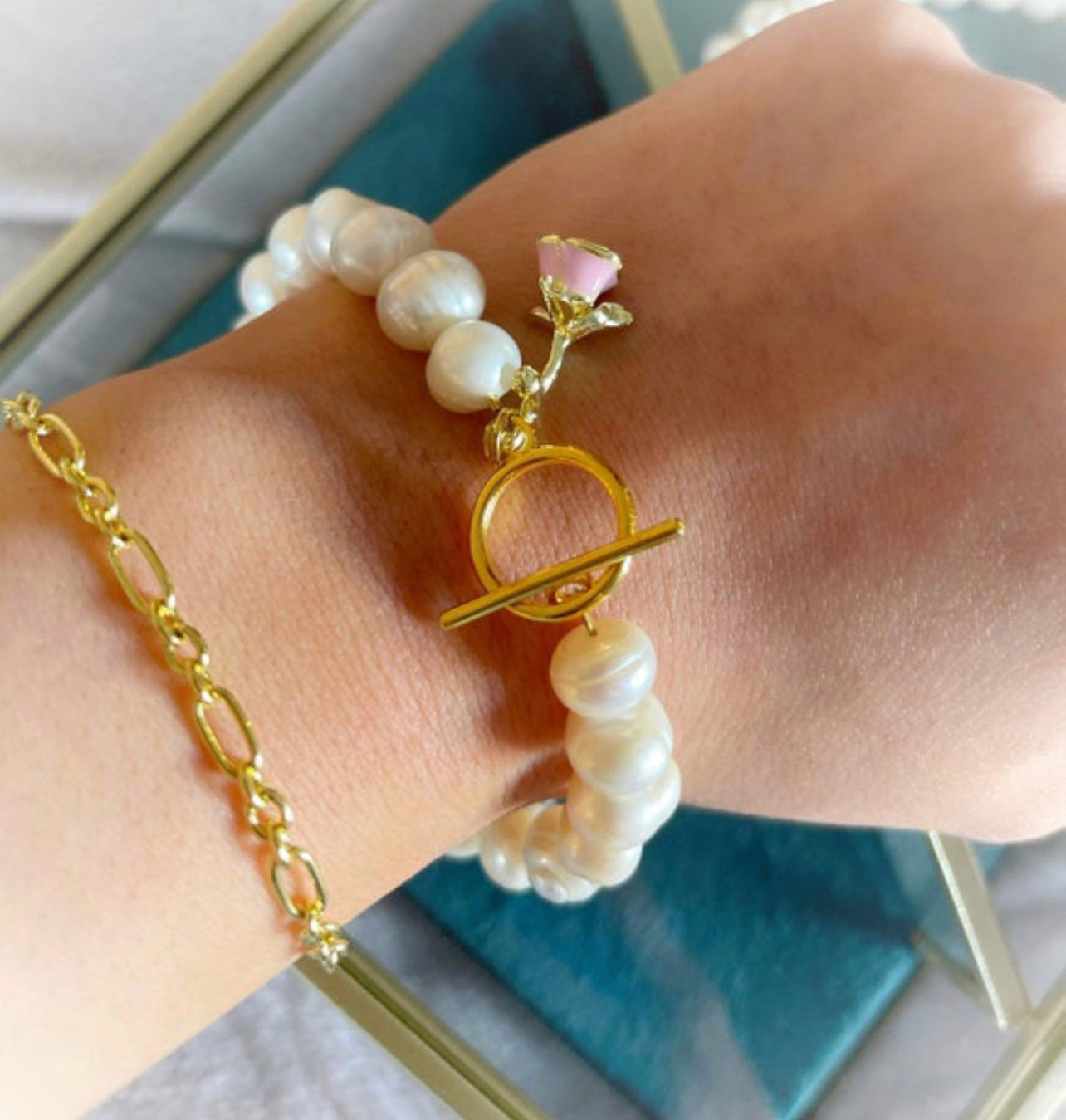 White freshwater pearl choker charm bracelet with rose flower charm and toggle clasp / birthday gifts for her