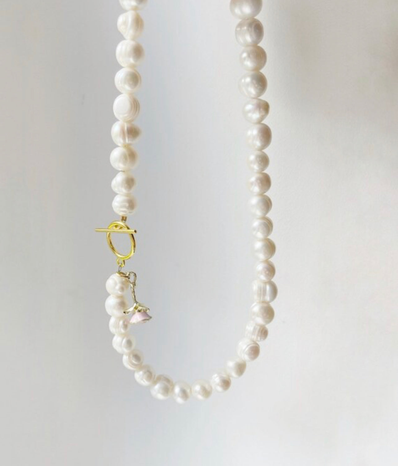 White freshwater pearl choker charm necklace with rose flower charm and toggle clasp / birthday gifts for her
