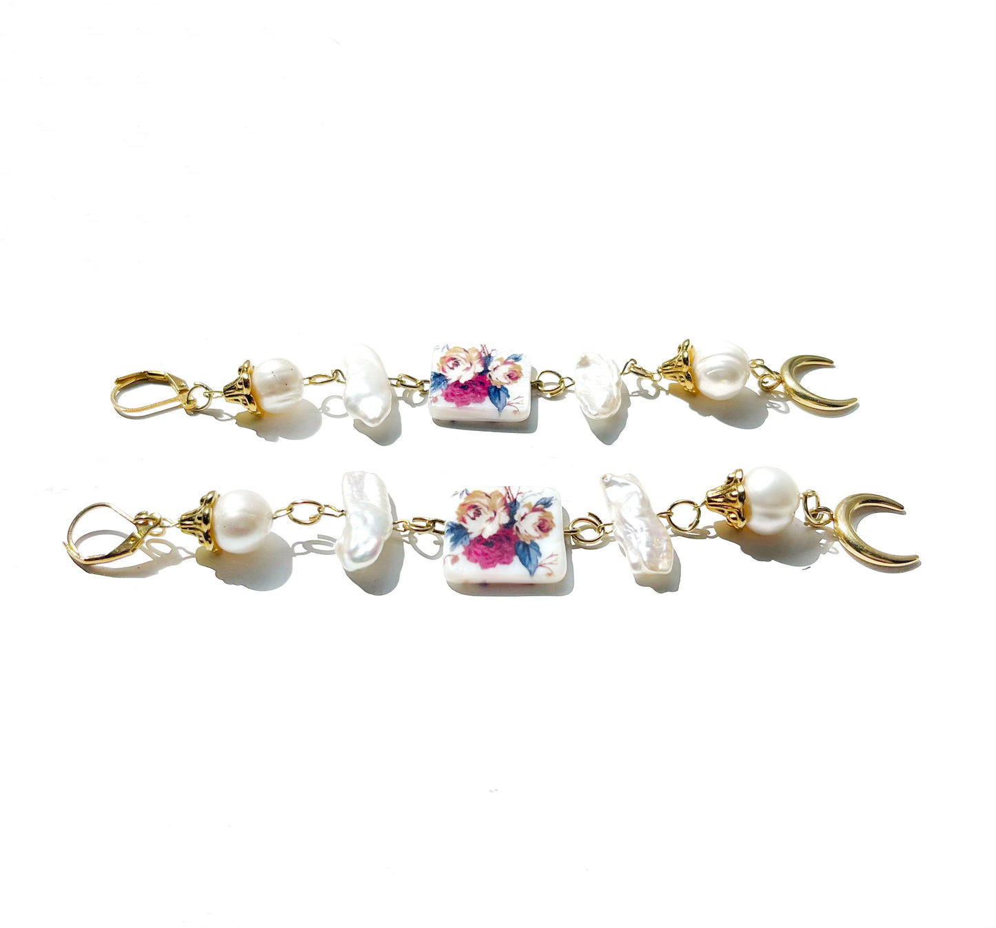 Floral pearl drop earrings with moon charm, white freshwater pearl dangle earrings, statement earrings, summer earrings