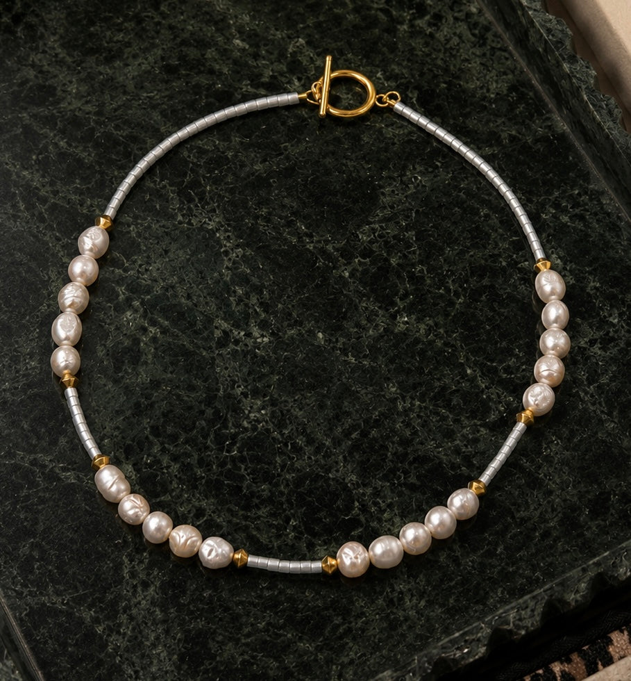 Dainty Blue Seed Bead Choker Necklace with Freshwater Pearl | The RAINA Necklace