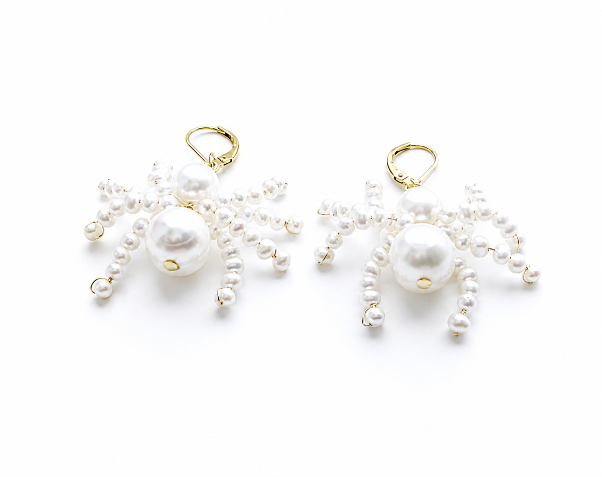 Spider Statement Earrings, Unique Earrings, Pearl Drop Earrings, Dangle Earrings, Freshwater Pearl Jewelry, Quirky Fun Statement Jewelry