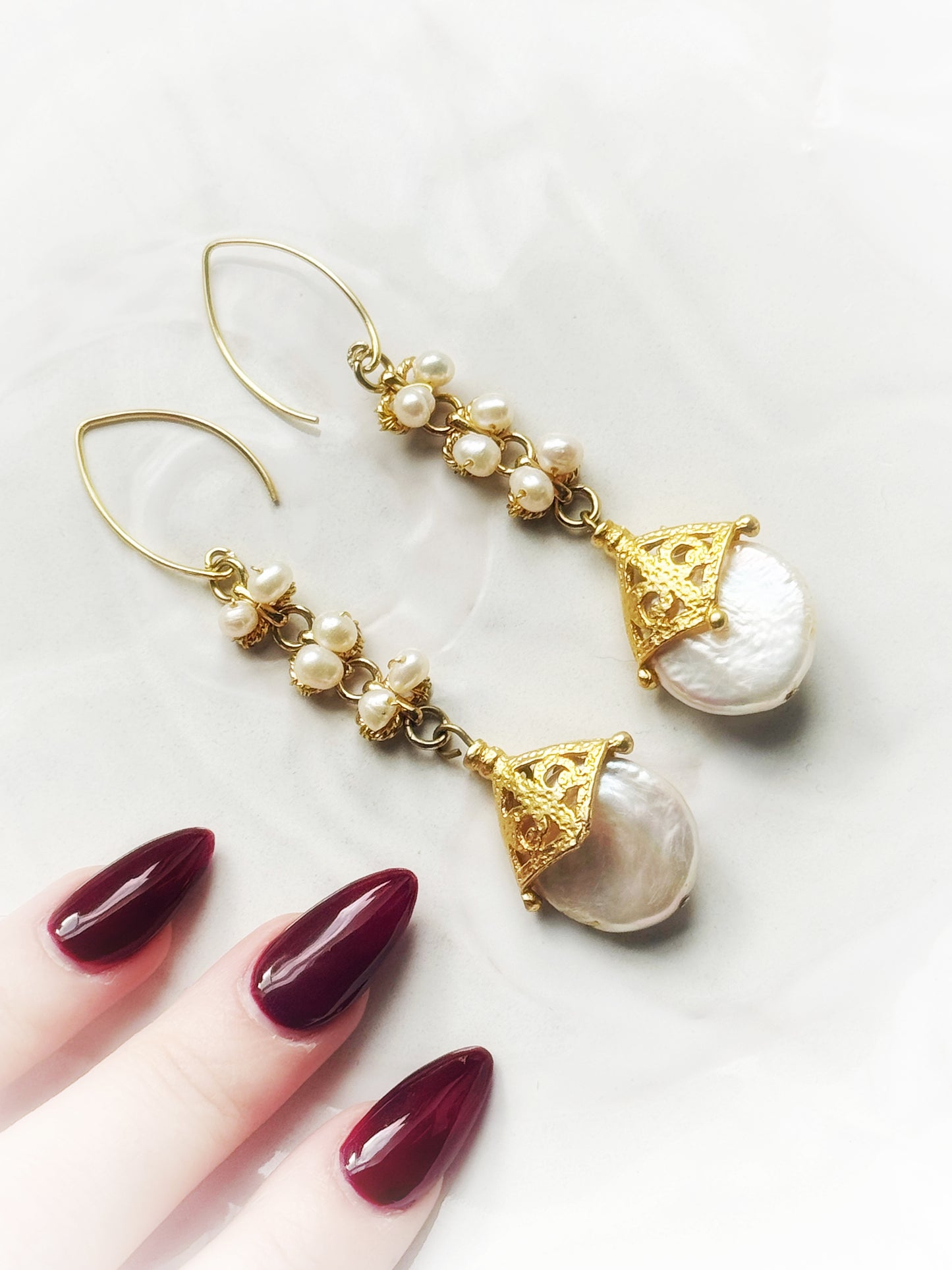 Statement Dangle Pearl Earrings, Vintage Style Gold Drop Earrings with White Freshwater Pearls and Gold Vermeil, Gold Pearl Occasion Jewelry