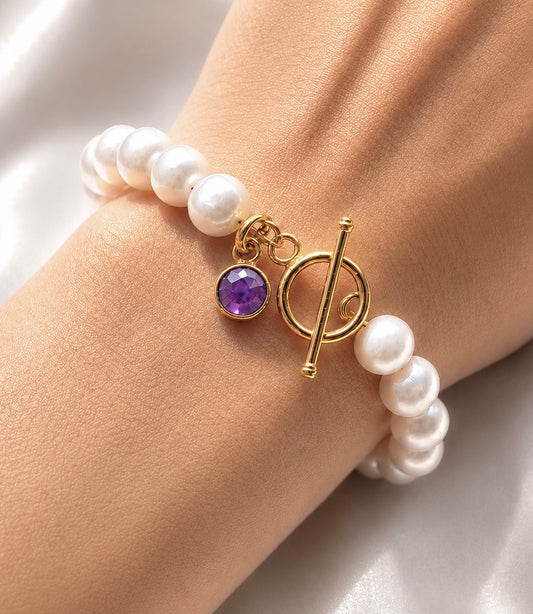 February Birthstone Pearl Bracelet, Amethyst Charm Bracelet, Freshwater Pearl Bracelet Gold, Bridesmaid Gift for Her, February Birthday Gift