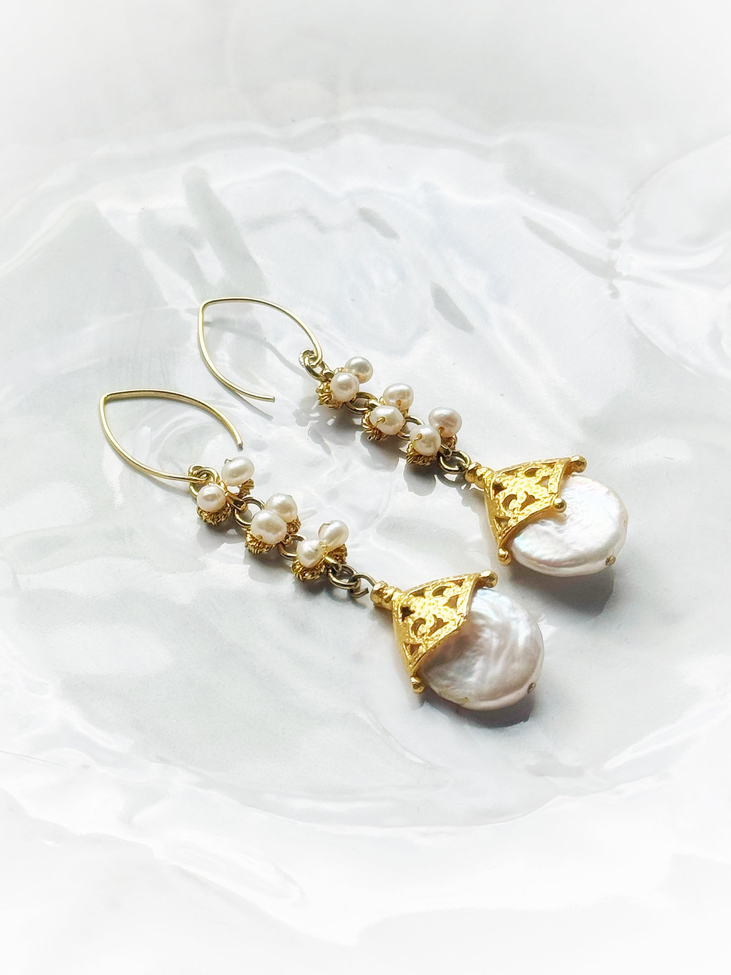 Statement Dangle Pearl Earrings, Vintage Style Gold Drop Earrings with White Freshwater Pearls and Gold Vermeil, Gold Pearl Occasion Jewelry