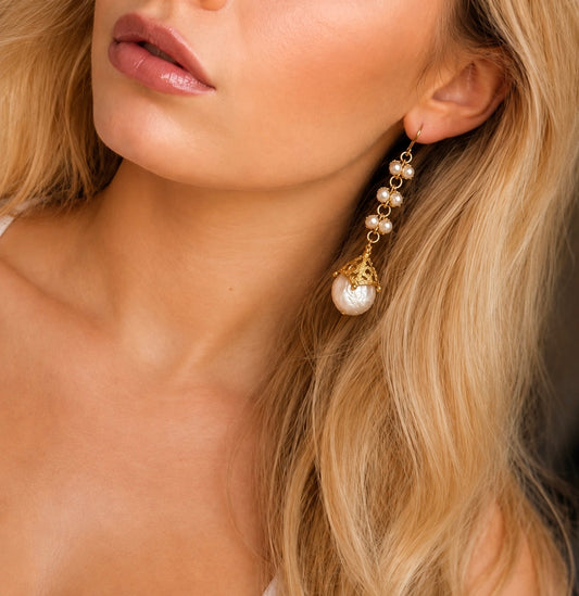 Freshwater Pearl Drop Earrings - Gold Vintage Style Bridal Dangle Earrings