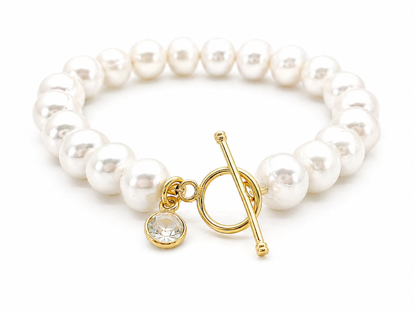April Birthstone Pearl Bracelet, Crystal Charm Bracelet, Freshwater Pearl Bracelet Gold, April Birthday Gift for Her, Bridesmaid Jewelry