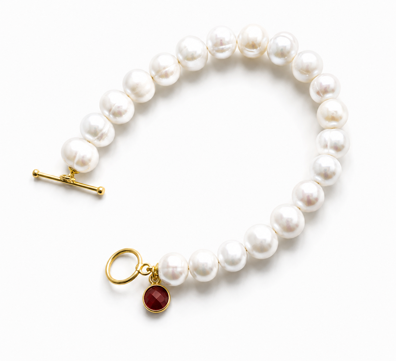 January Birthstone Pearl Bracelet, Garnet Charm Bracelet, Freshwater Pearl Bracelet, Gold Toggle Bracelet, Birthday Gift for Her Jewelry