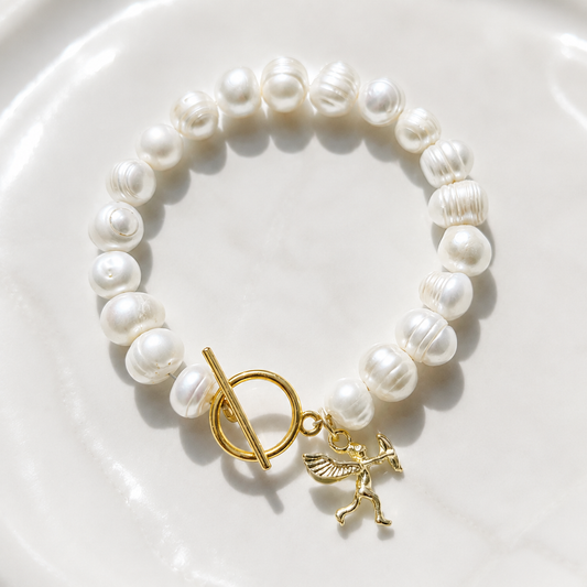 Freshwater Pearl Bracelet with Gold Angel Charm | Pearl Angel Charm Bracelet | The EDEN Bracelet