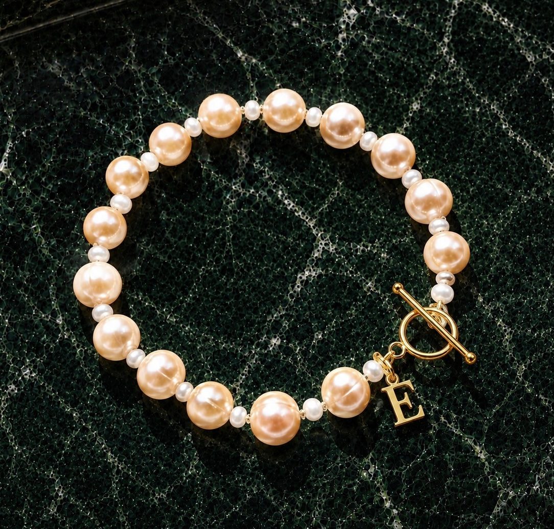 Letter charm bracelet, freshwater peach pearl bracelet with gold vermeil clasp and initial letter charm, personalized jewelry gifts