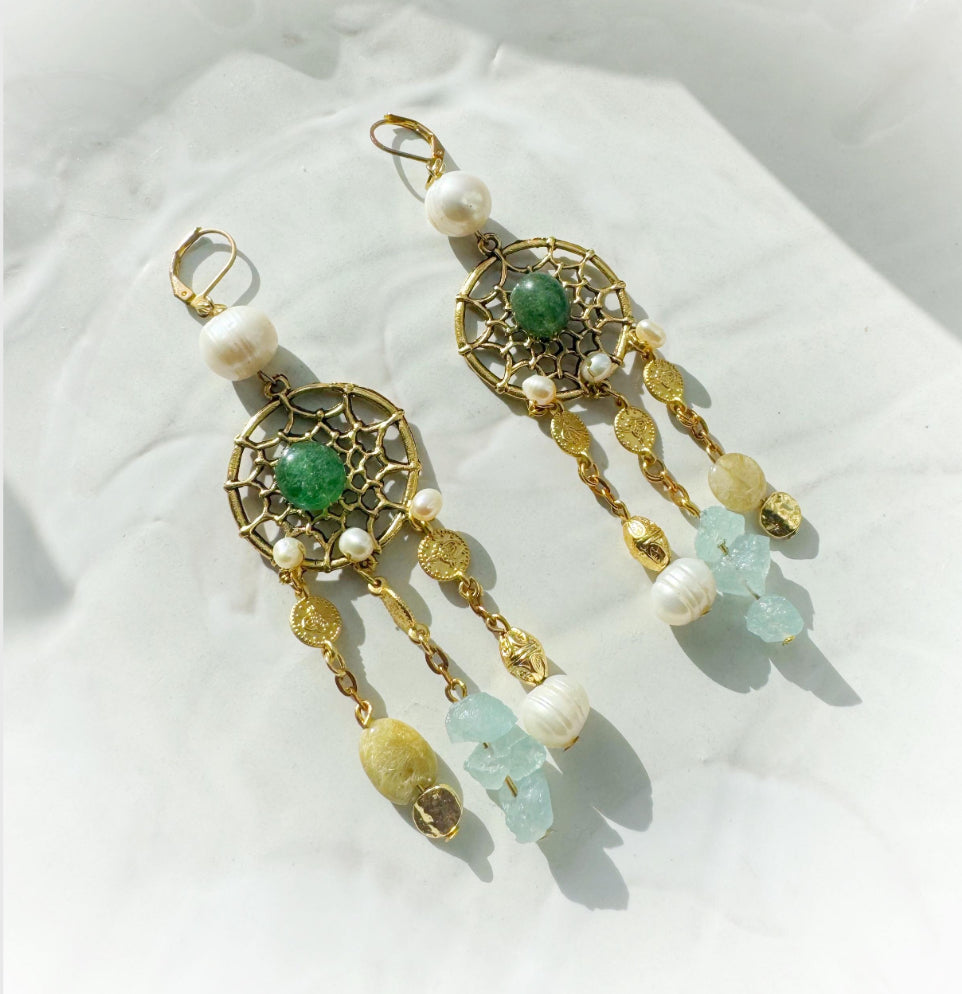 Boho Gemstone Chandelier Earrings with Freshwater Pearls - Festival Statement Jewelry