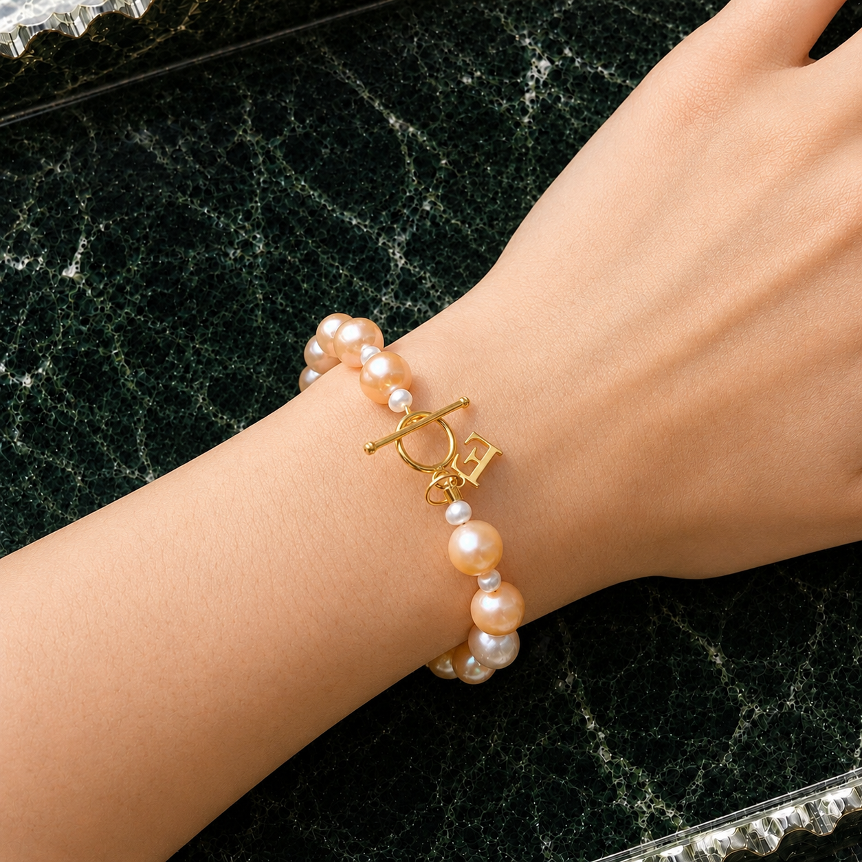 Letter charm bracelet, freshwater peach pearl bracelet with gold vermeil clasp and initial letter charm, personalized jewelry gifts