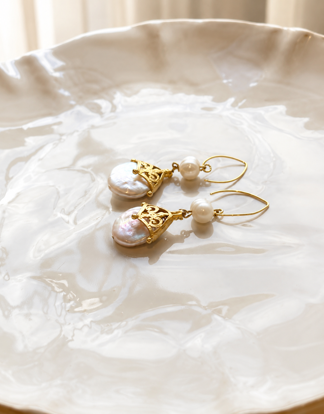 Gold Freshwater Pearl Drop Earrings – Floral Wedding Earrings