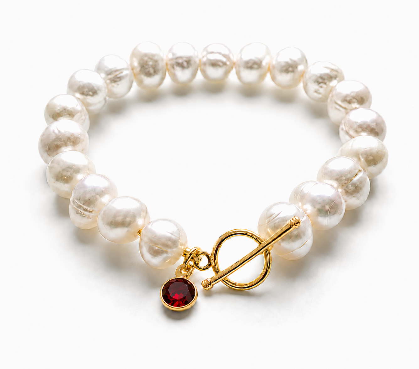 January Birthstone Pearl Bracelet, Garnet Charm Bracelet, Freshwater Pearl Bracelet, Gold Toggle Bracelet, Birthday Gift for Her Jewelry