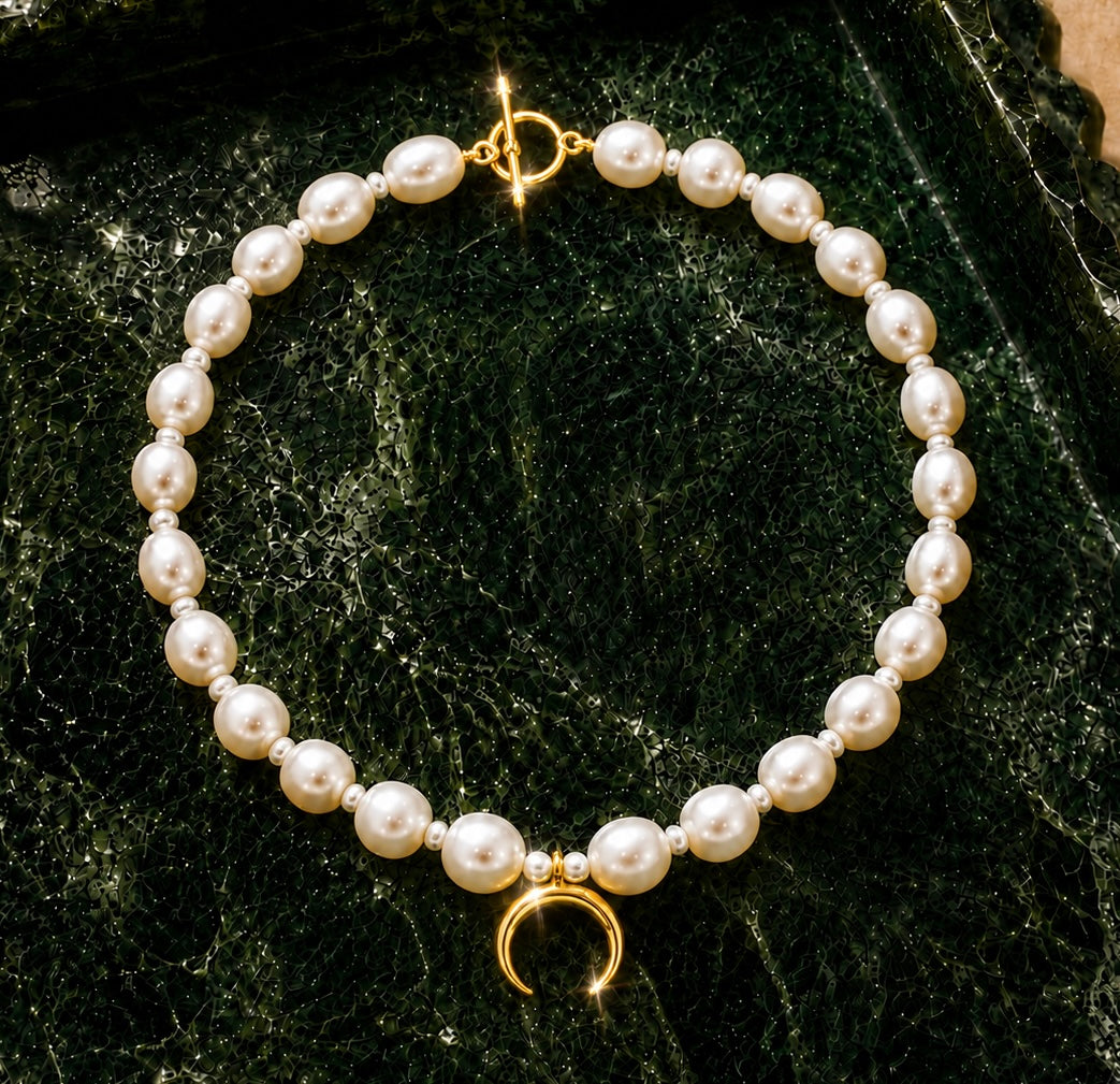 Crescent Moon Freshwater Pearl Necklace with Gold Vermeil Toggle Clasp - Boho Bridal Jewelry