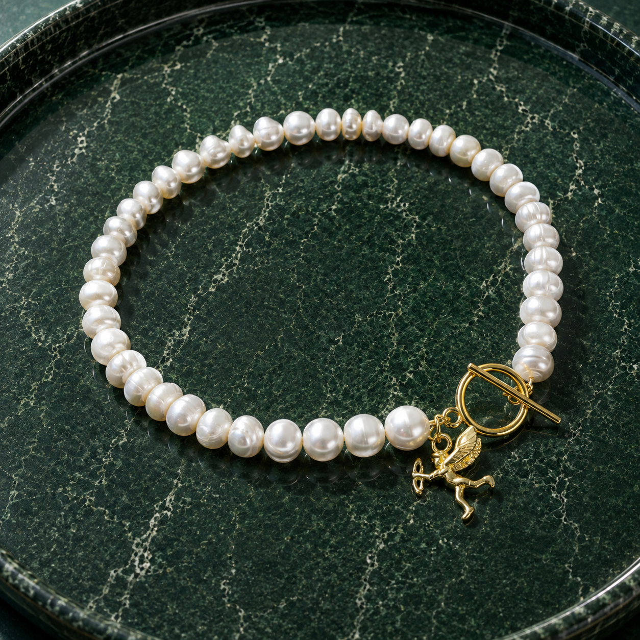 White pearl charm necklace with dainty gold Cupid / cherub charm, classic white pearl jewelry, unique pearl jewelry, summer jewelry