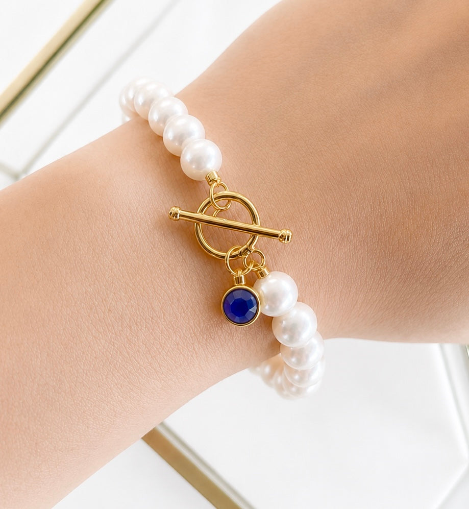 September Birthstone Pearl Bracelet Sapphire, Gold Charm Bracelet, Freshwater Pearl Bracelet, September Birthday Gift for Her Bridesmaid
