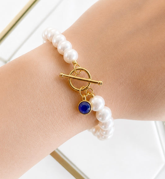 September Birthstone Pearl Bracelet Sapphire, Gold Charm Bracelet, Freshwater Pearl Bracelet, September Birthday Gift for Her Bridesmaid