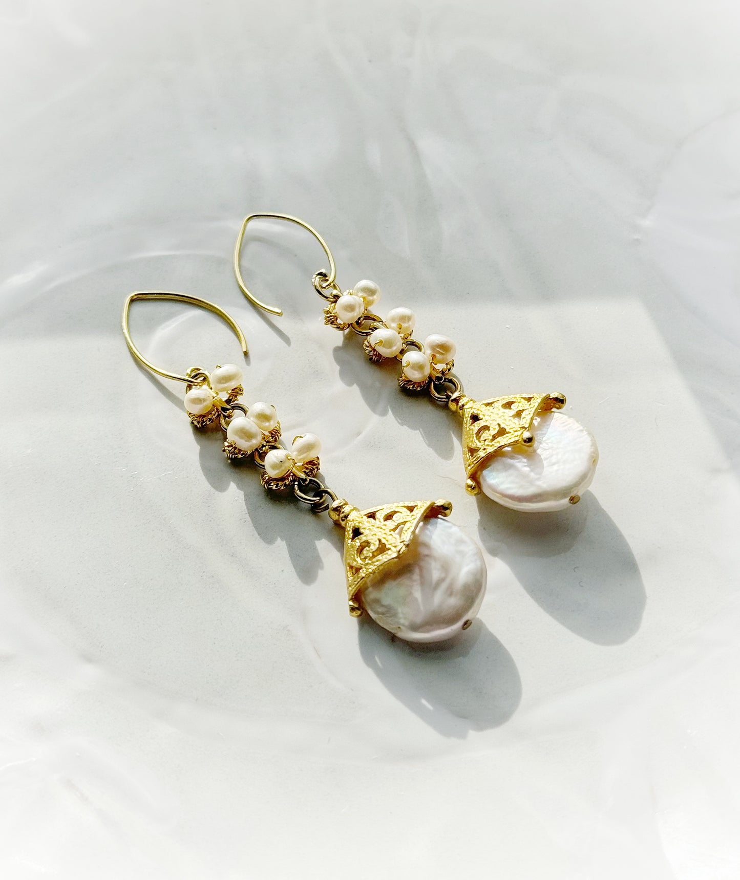 Statement Dangle Pearl Earrings, Vintage Style Gold Drop Earrings with White Freshwater Pearls and Gold Vermeil, Gold Pearl Occasion Jewelry