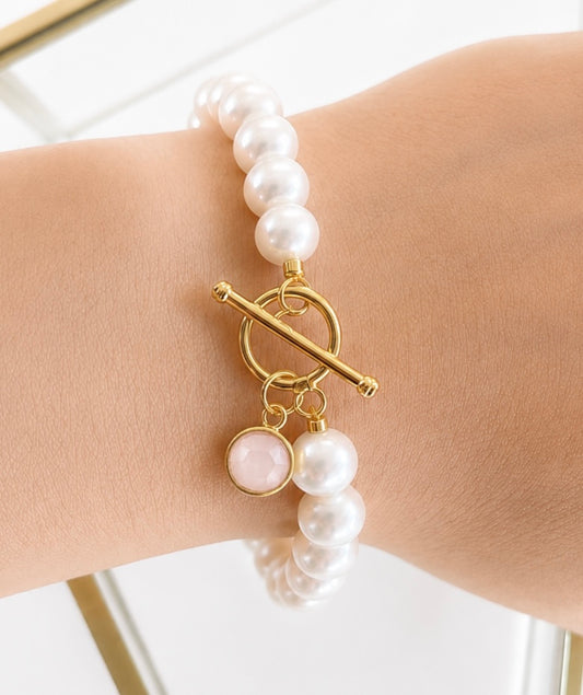 October Birthstone Pearl Bracelet Rose Quartz, Gold Charm Bracelet, Freshwater Pearl Bracelet, October Birthday Gift for Her, Bridesmaid