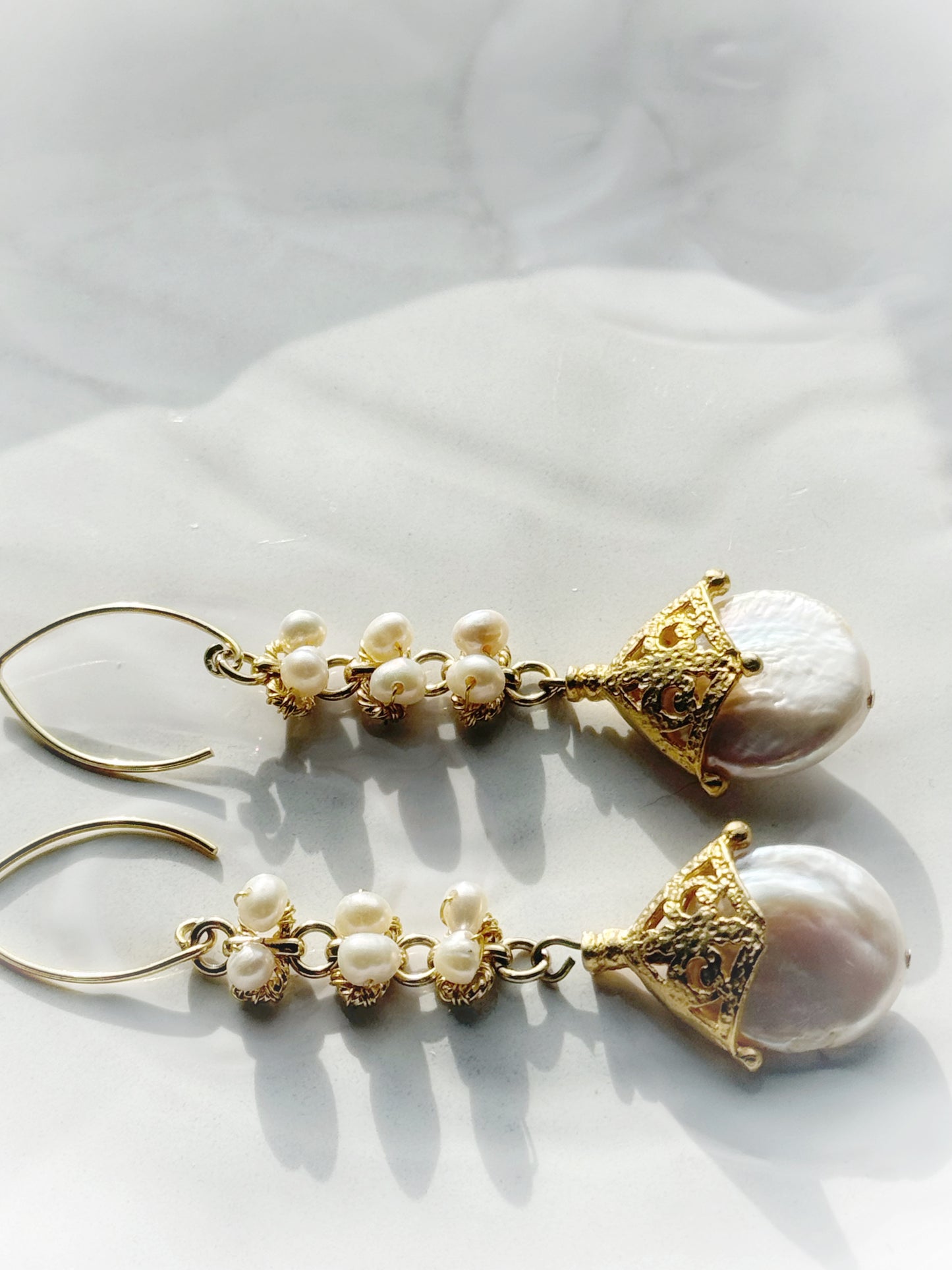 Statement Dangle Pearl Earrings, Vintage Style Gold Drop Earrings with White Freshwater Pearls and Gold Vermeil, Gold Pearl Occasion Jewelry